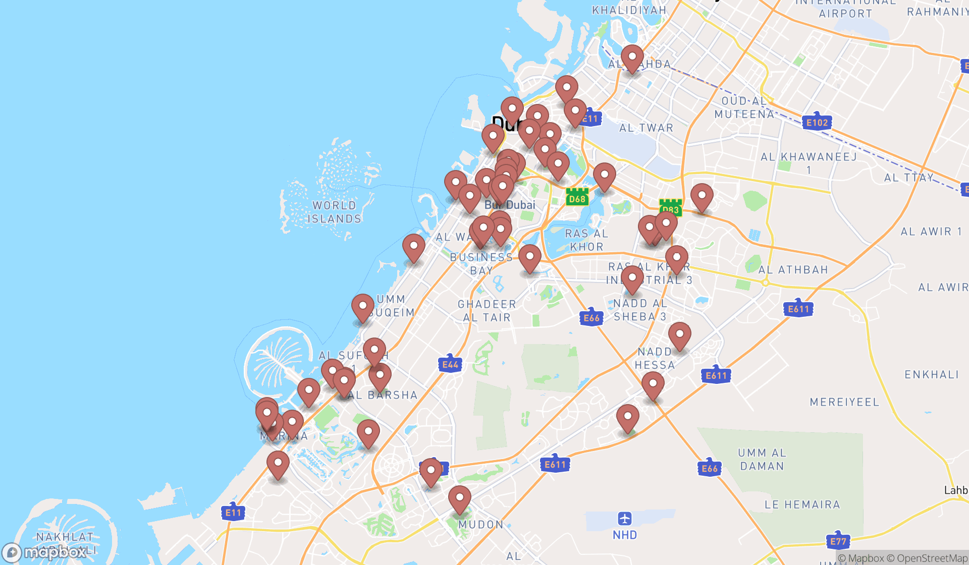 Map showing the search results in Dubai