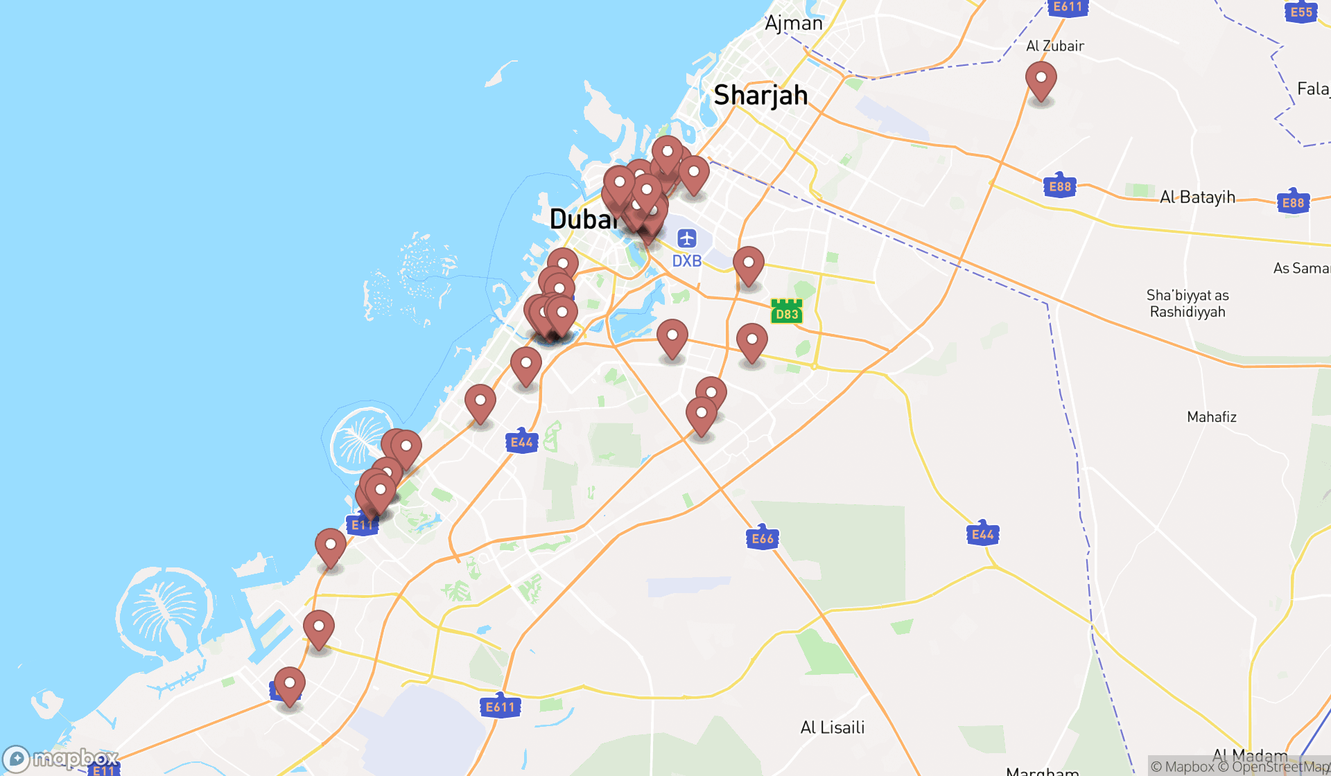 Map showing the search results in Dubai
