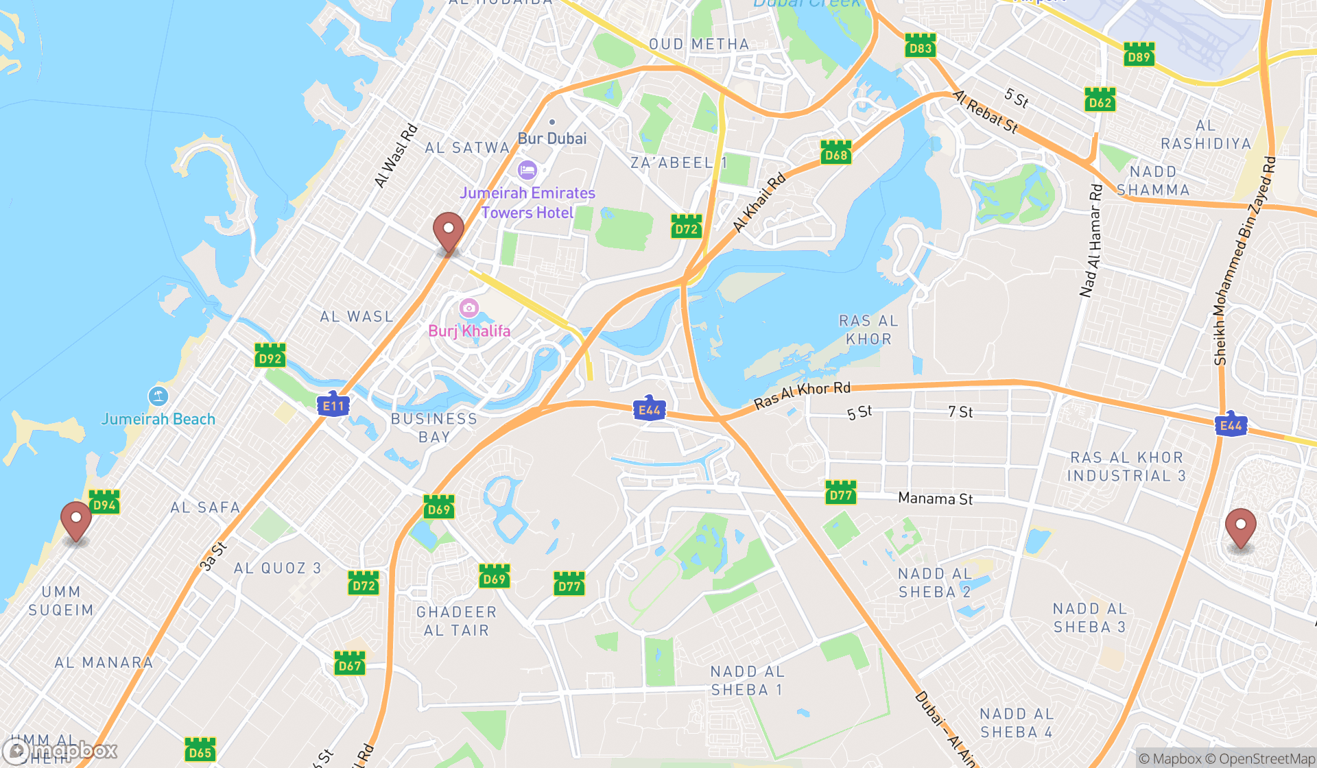 Map showing the search results in Dubai