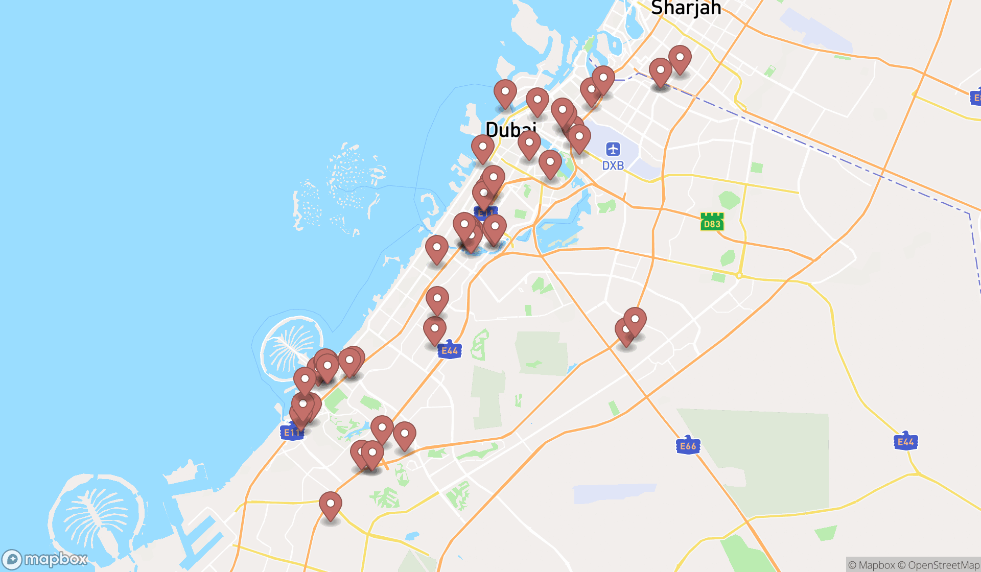 Map showing the search results in Dubai
