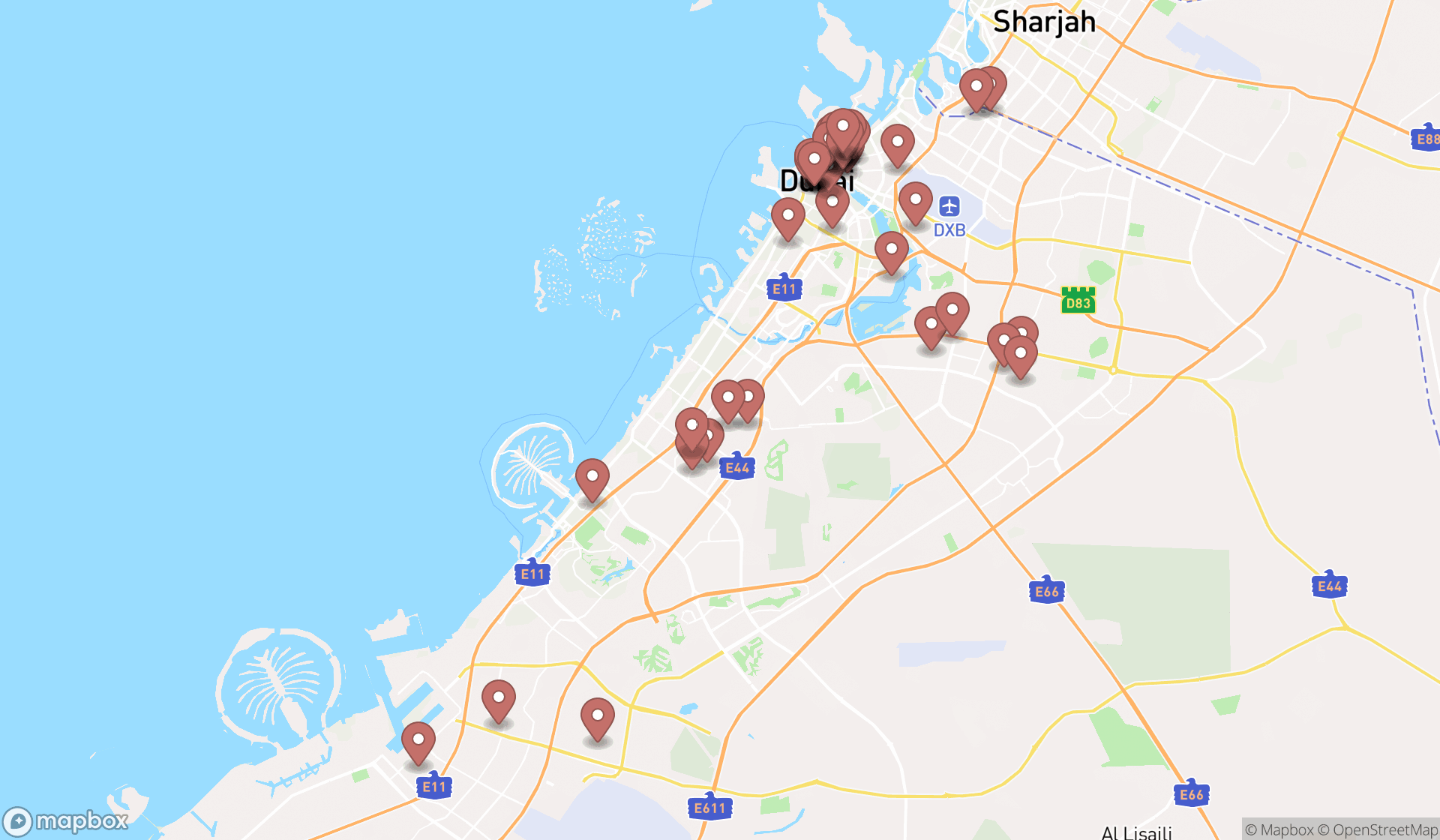 Map showing the search results in Dubai