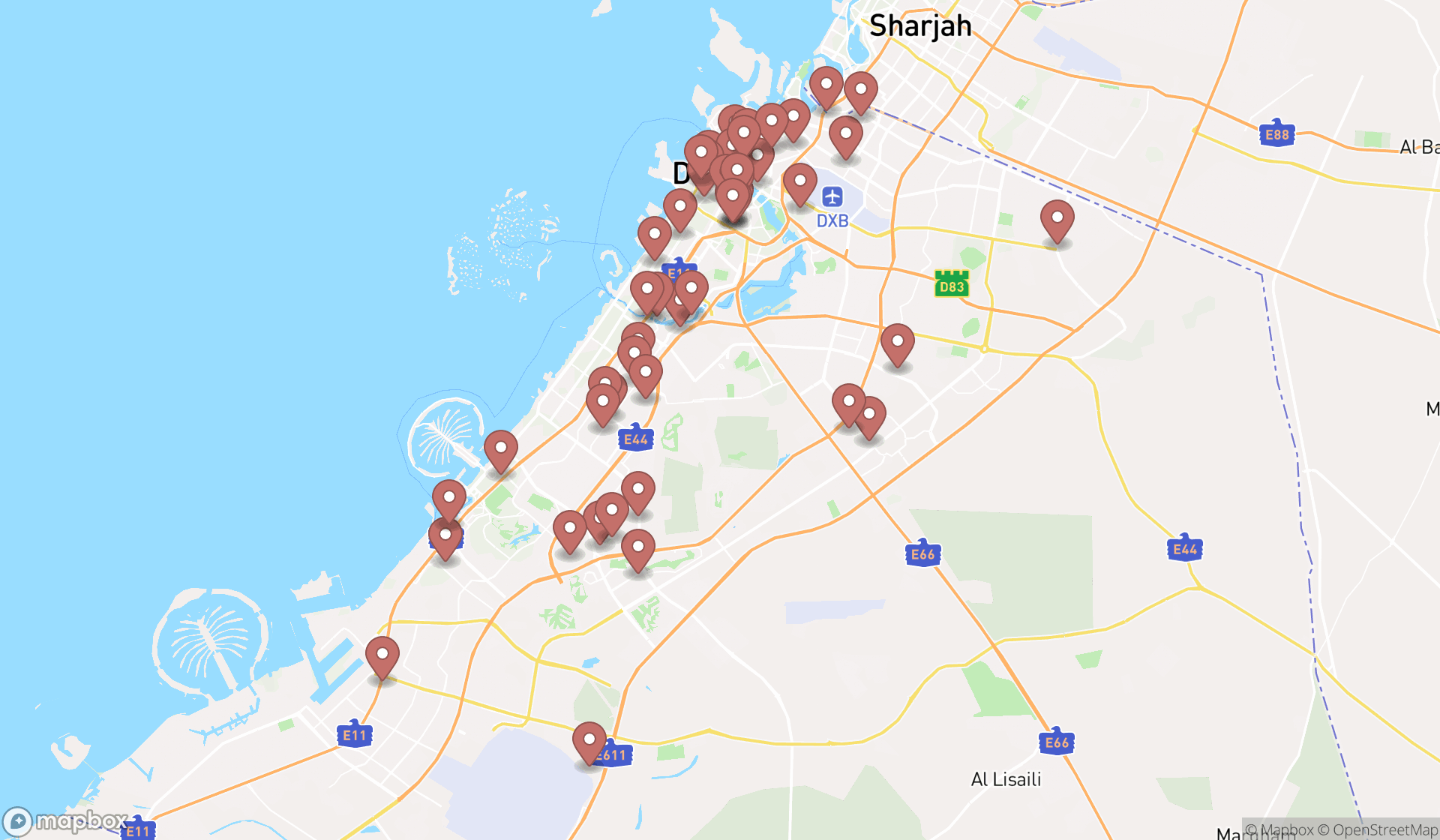Map showing the search results in Dubai
