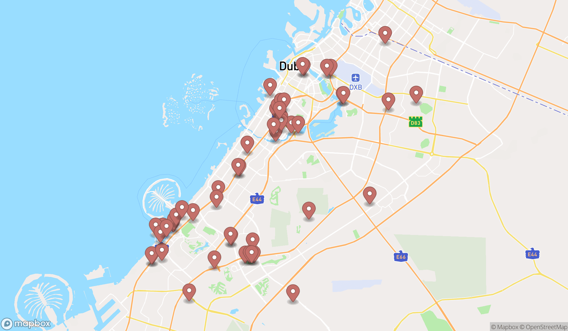 Map showing the search results in Dubai
