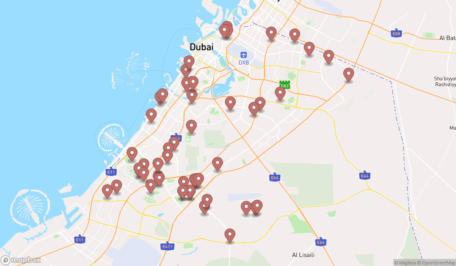Map showing the search results in Dubai
