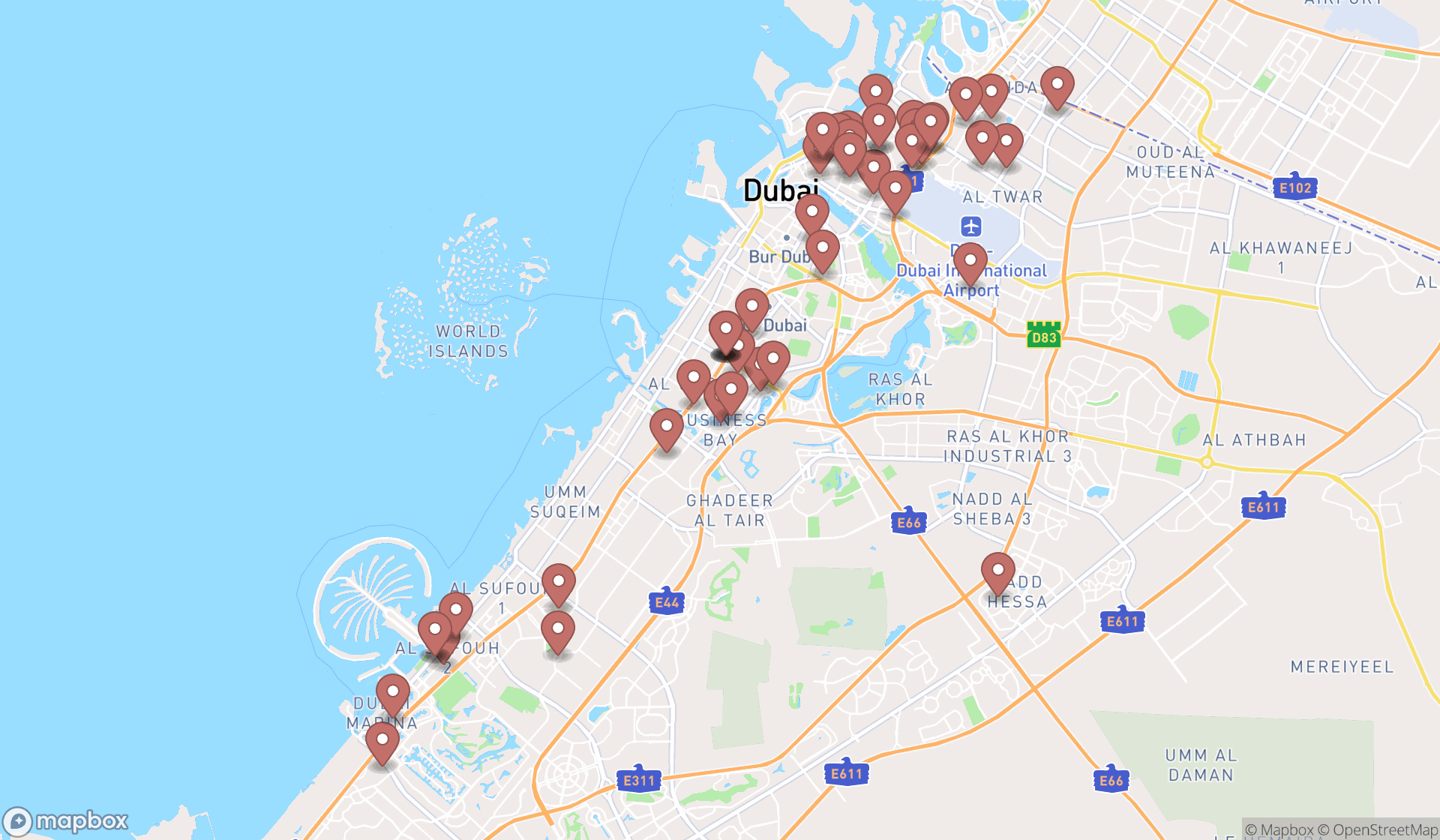 Map showing the search results in Dubai