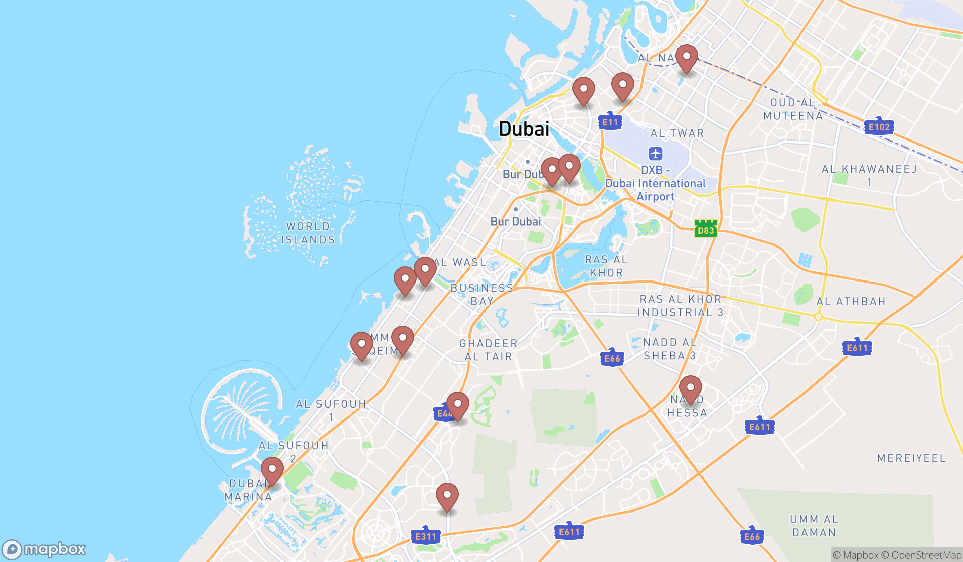 Map showing the search results in Dubai