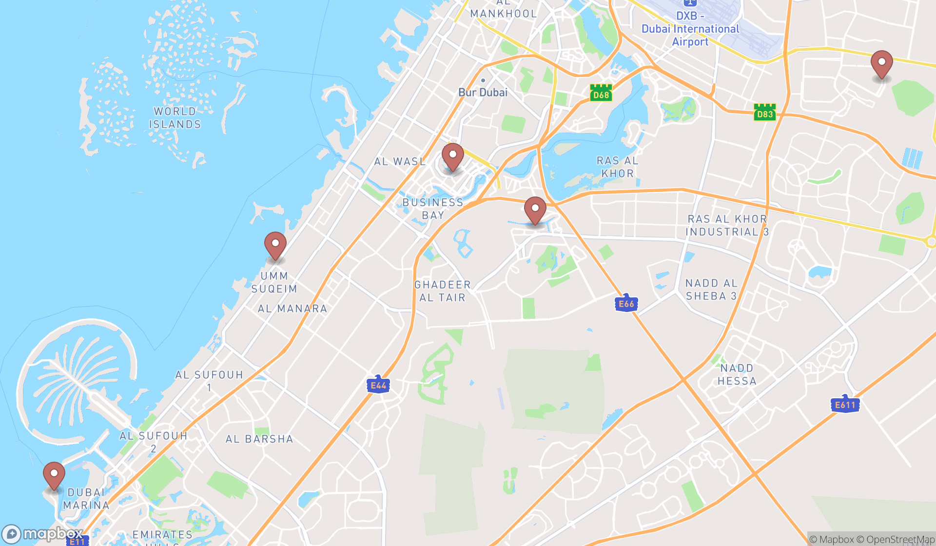 Map showing the search results in Dubai