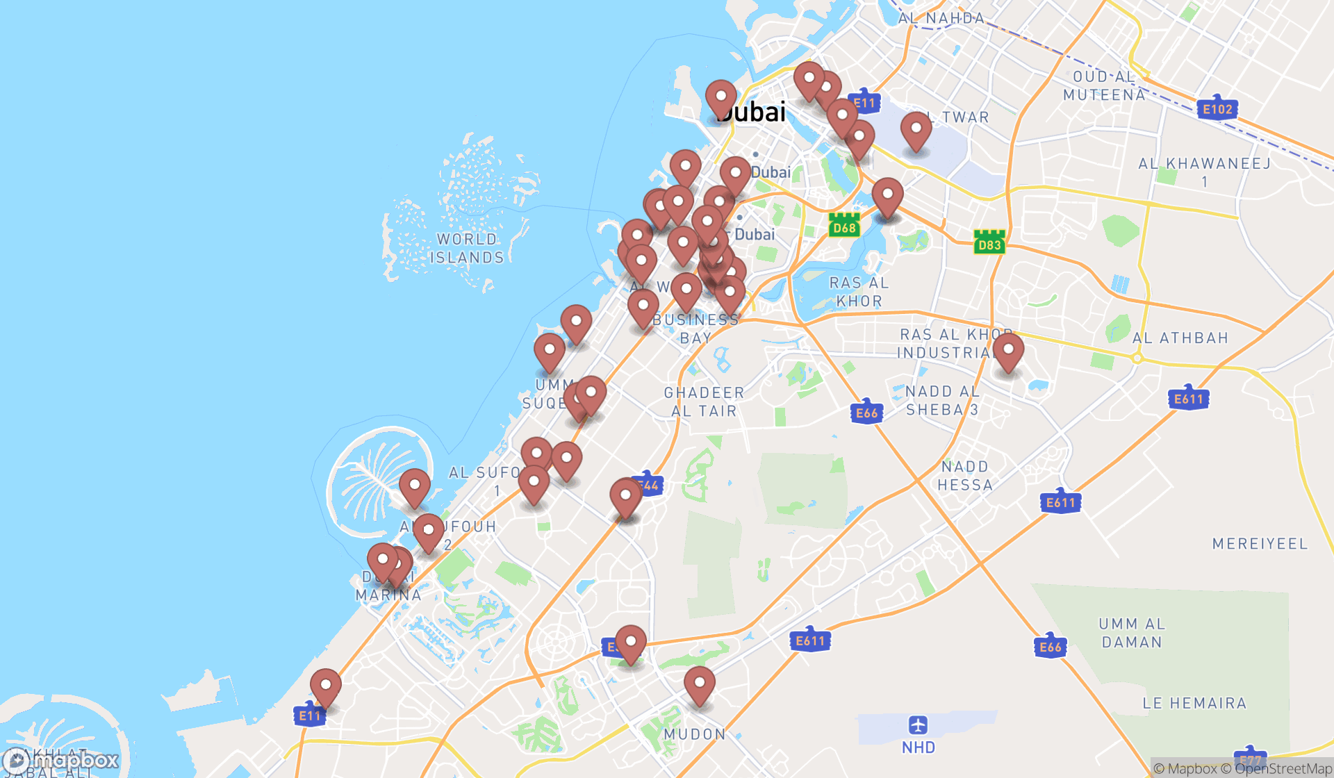 Map showing the search results in Dubai