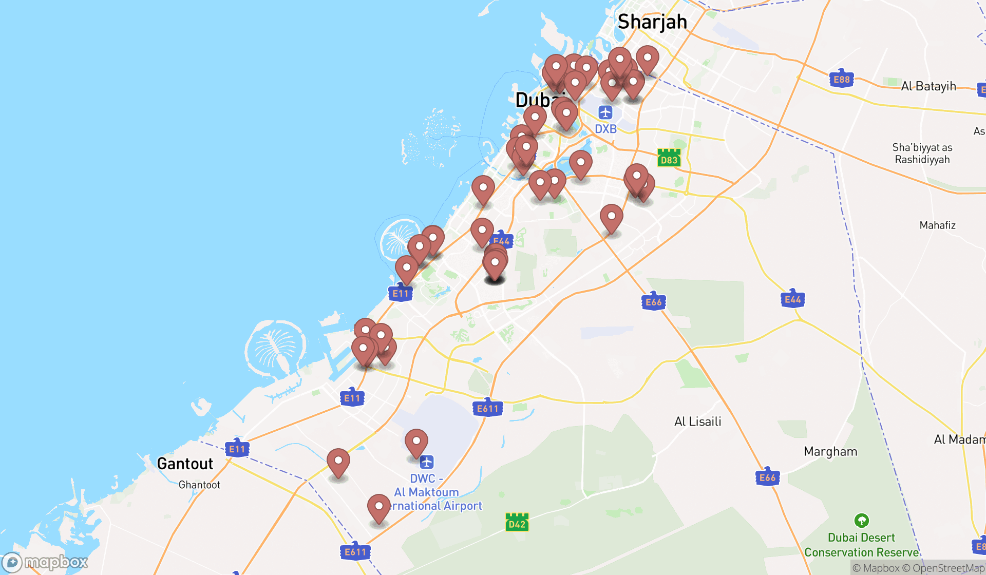 Map showing the search results in Dubai