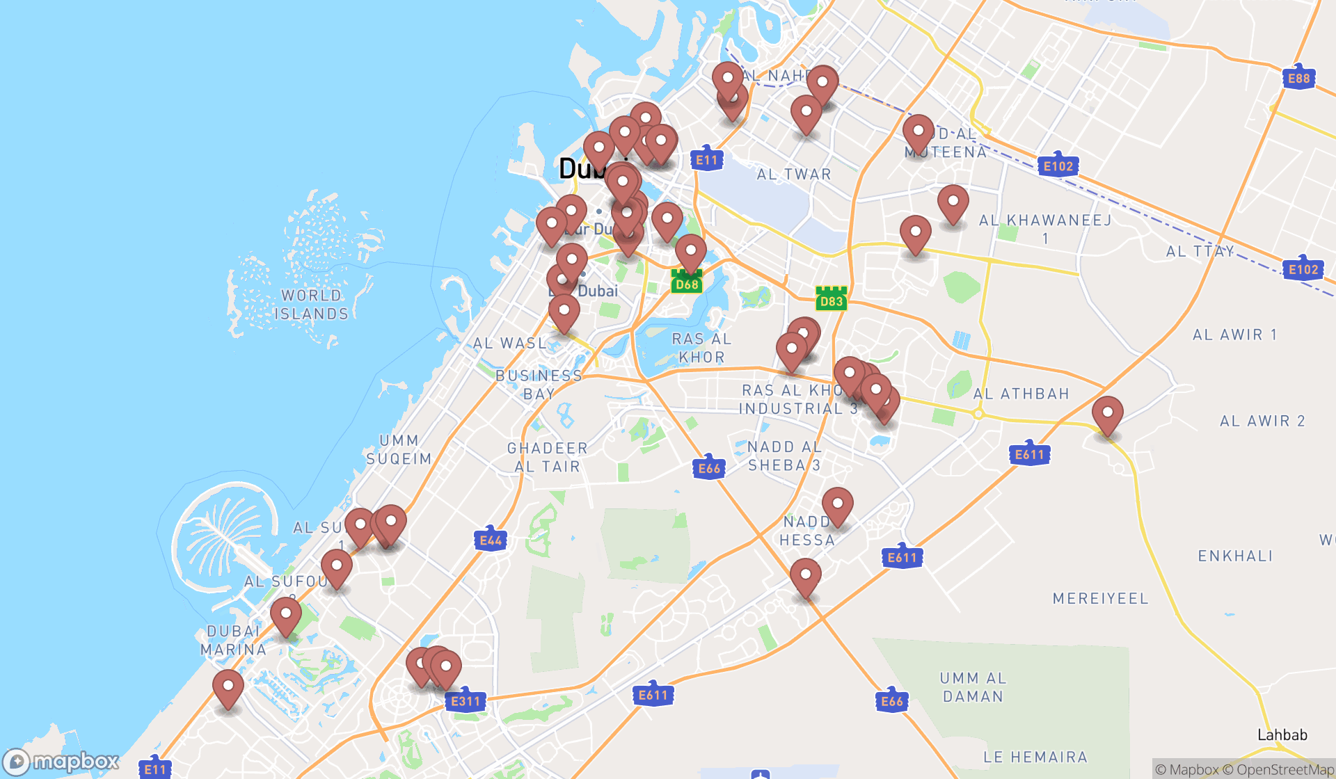 Map showing the search results in Dubai