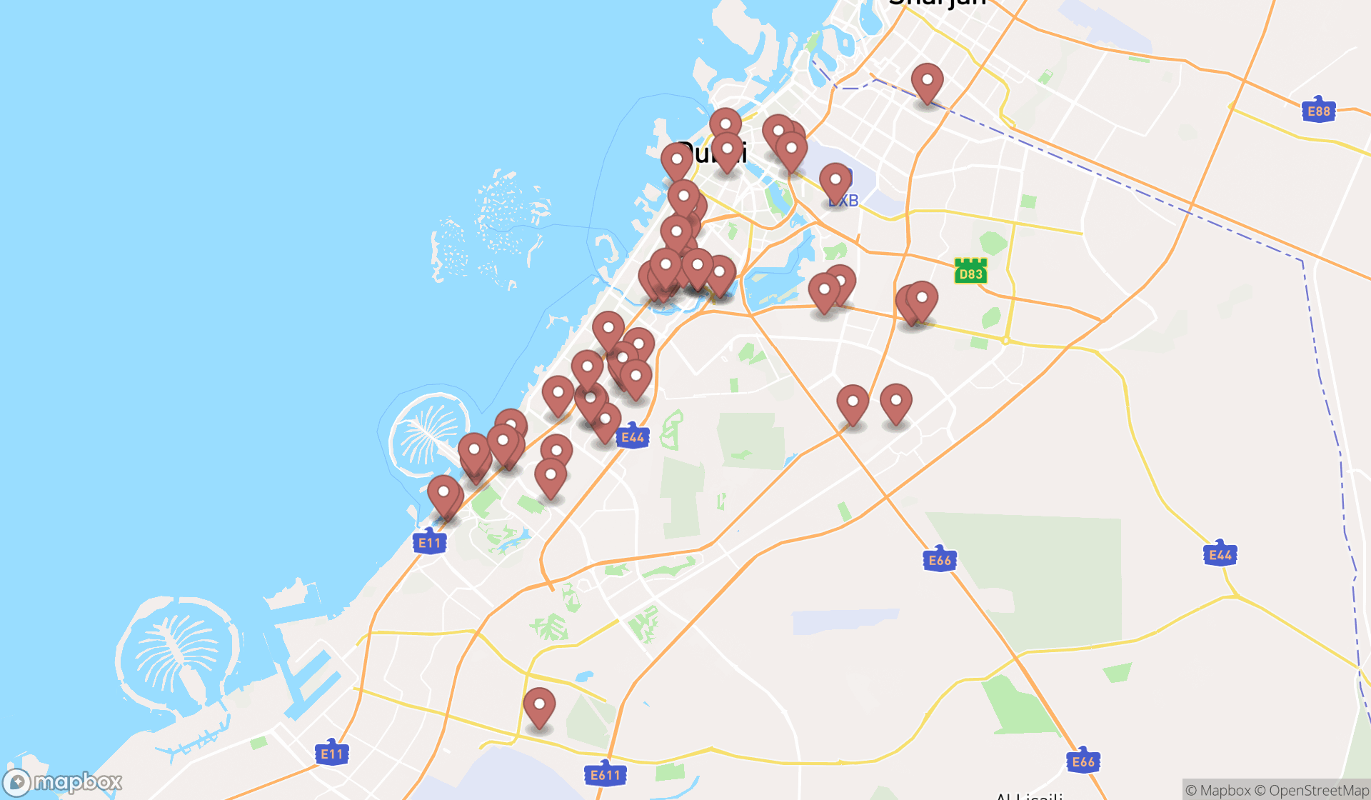 Map showing the search results in Dubai