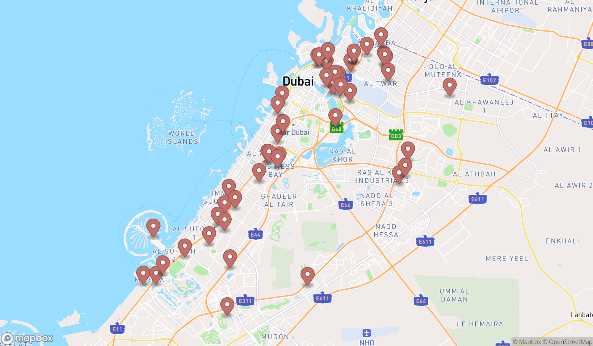 Map showing the search results in Dubai