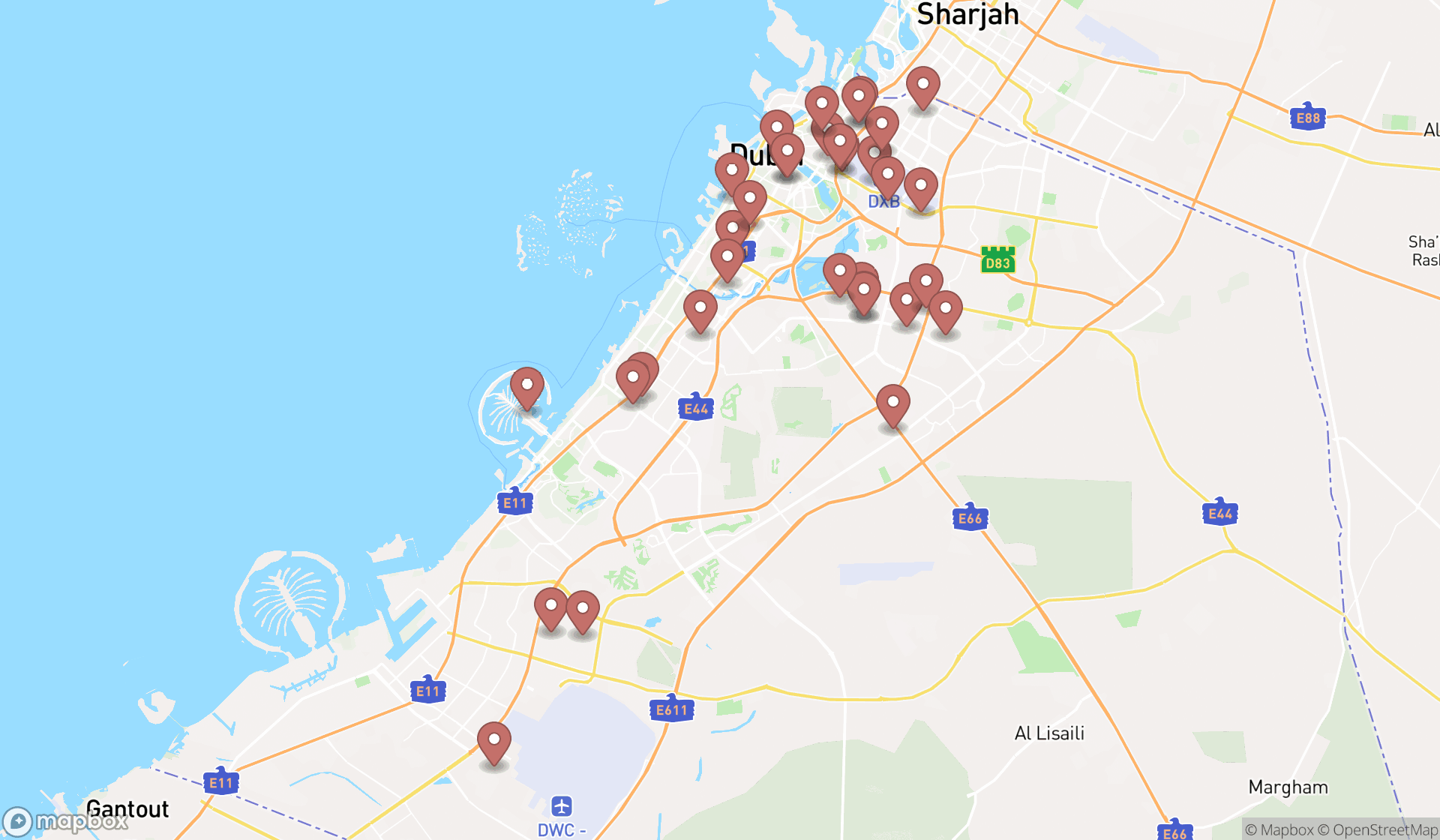 Map showing the search results in Dubai