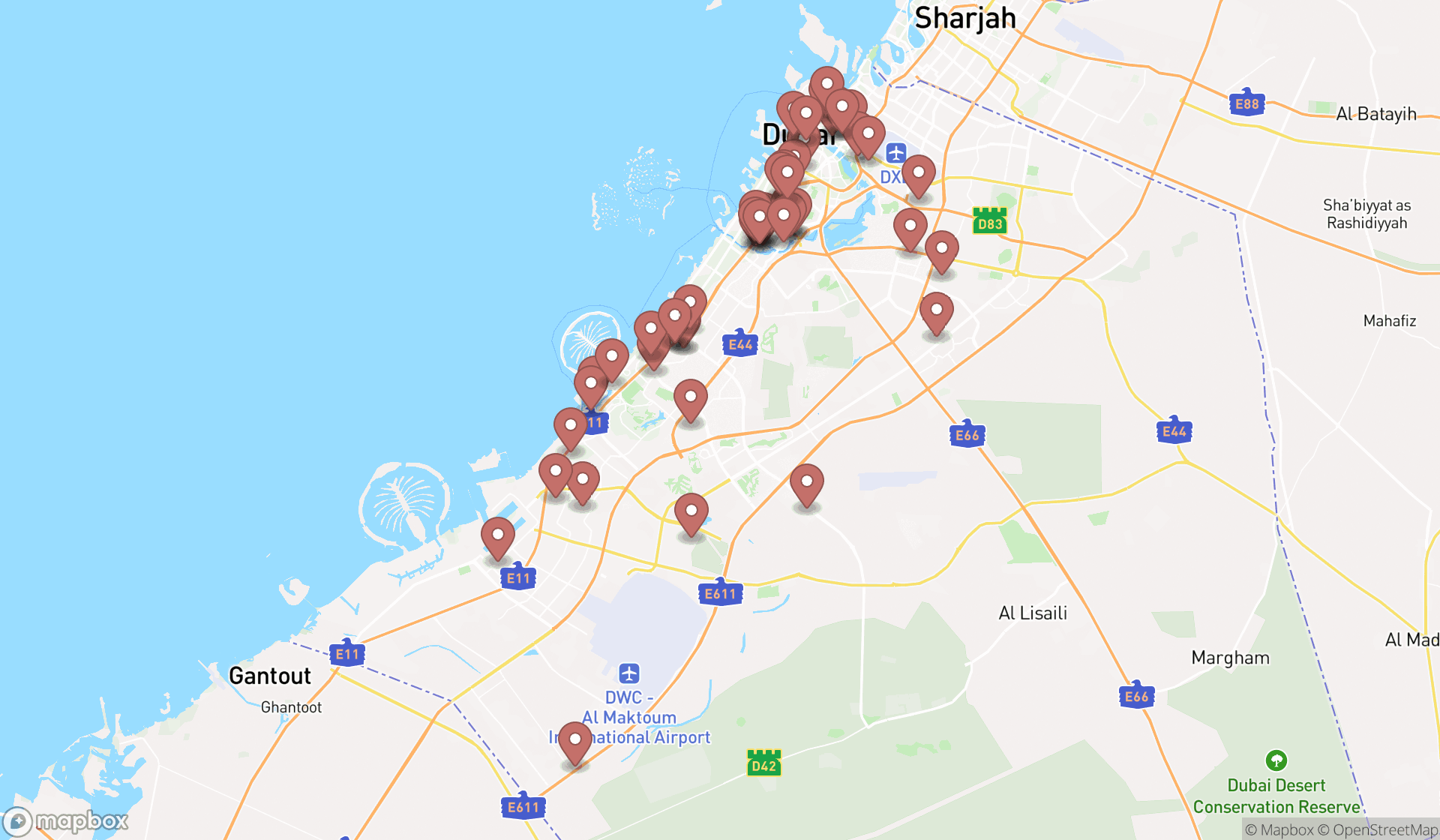 Map showing the search results in Dubai