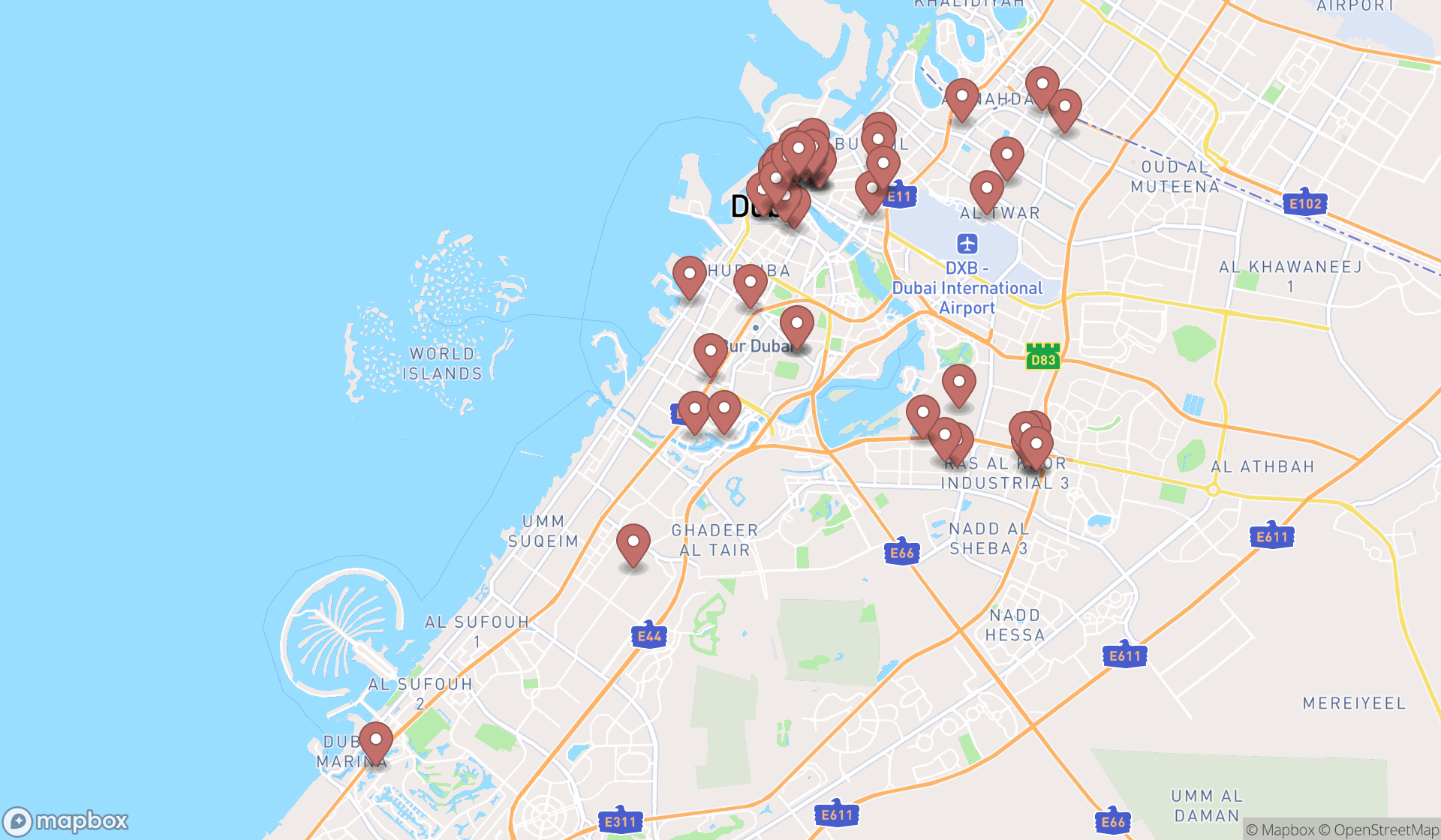 Map showing the search results in Dubai