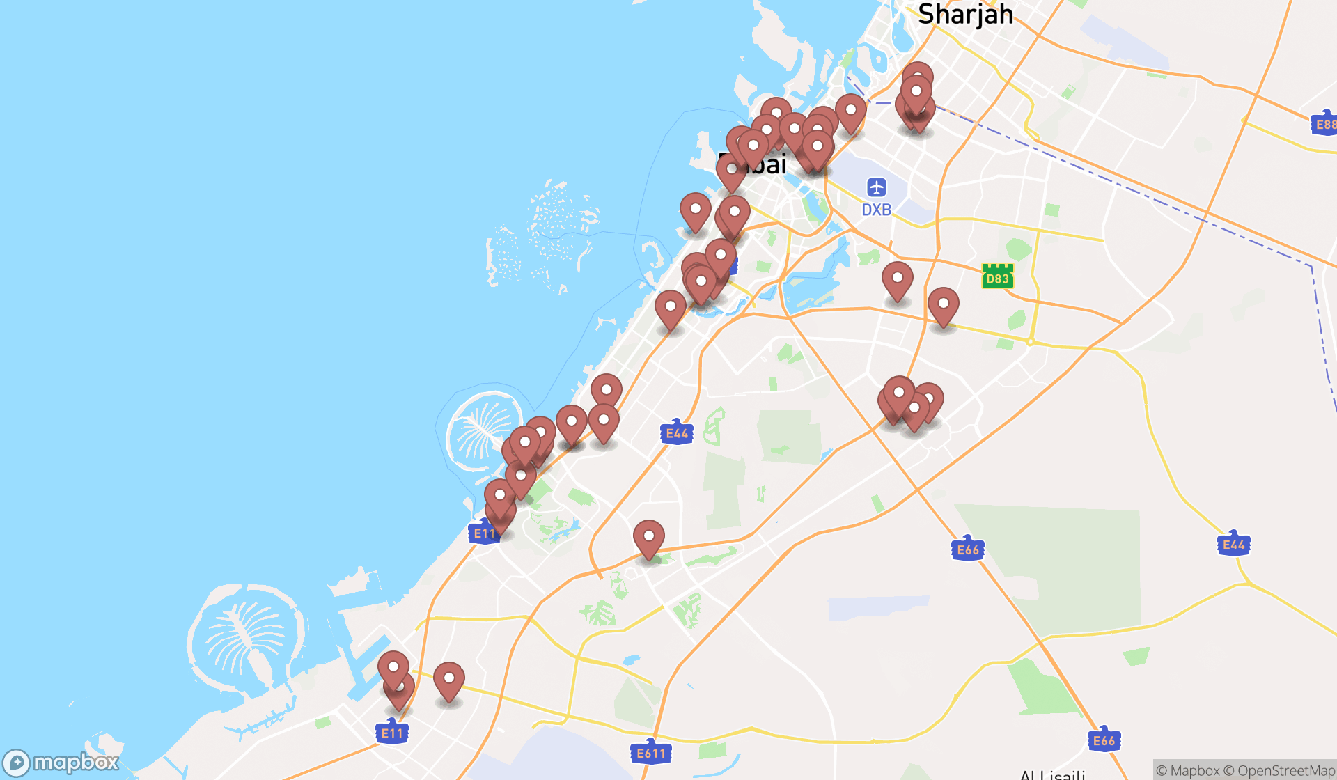 Map showing the search results in Dubai
