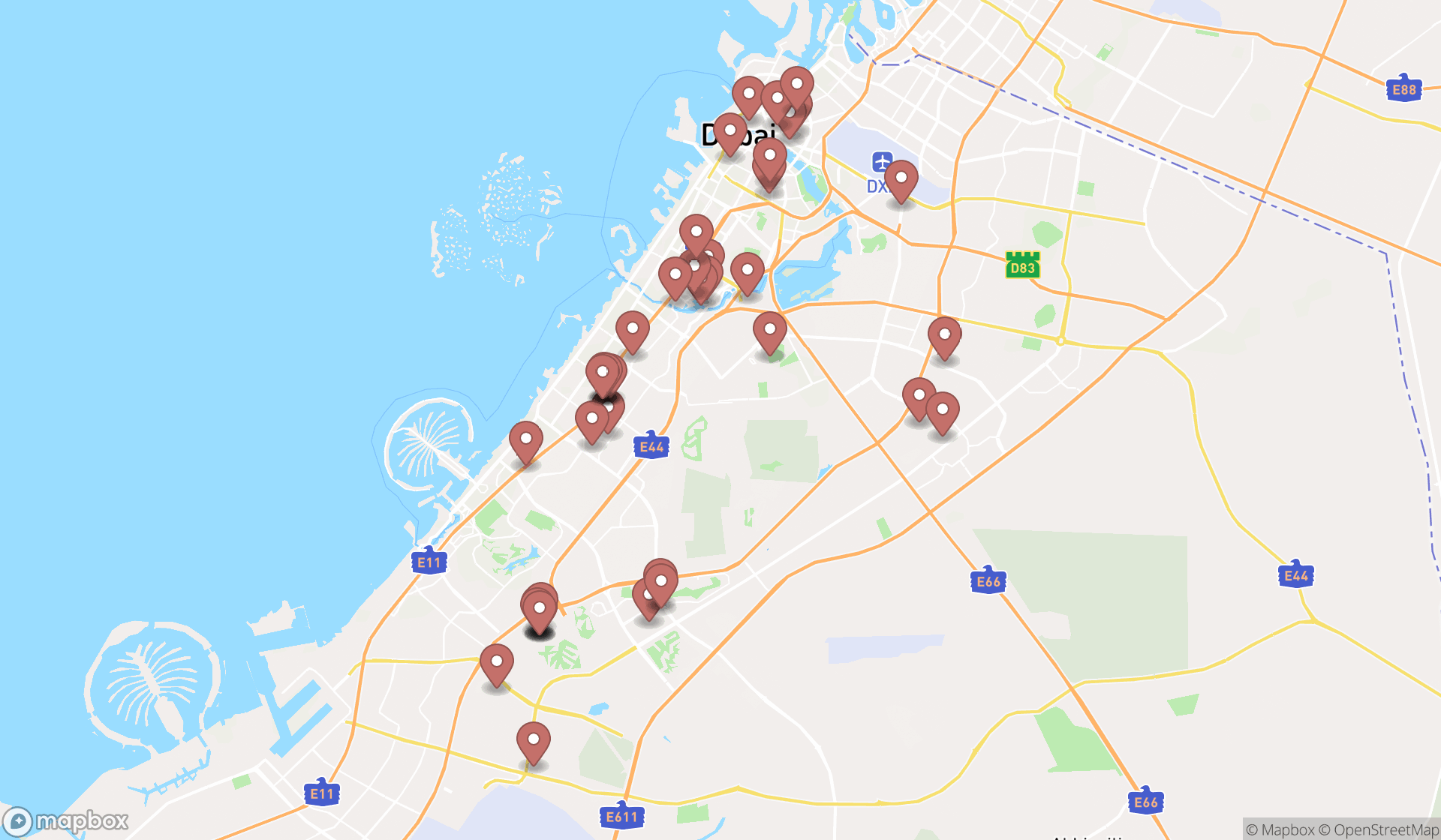 Map showing the search results in Dubai