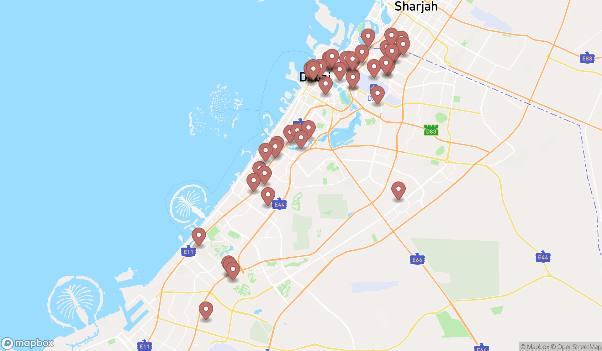 Map showing the search results in Dubai
