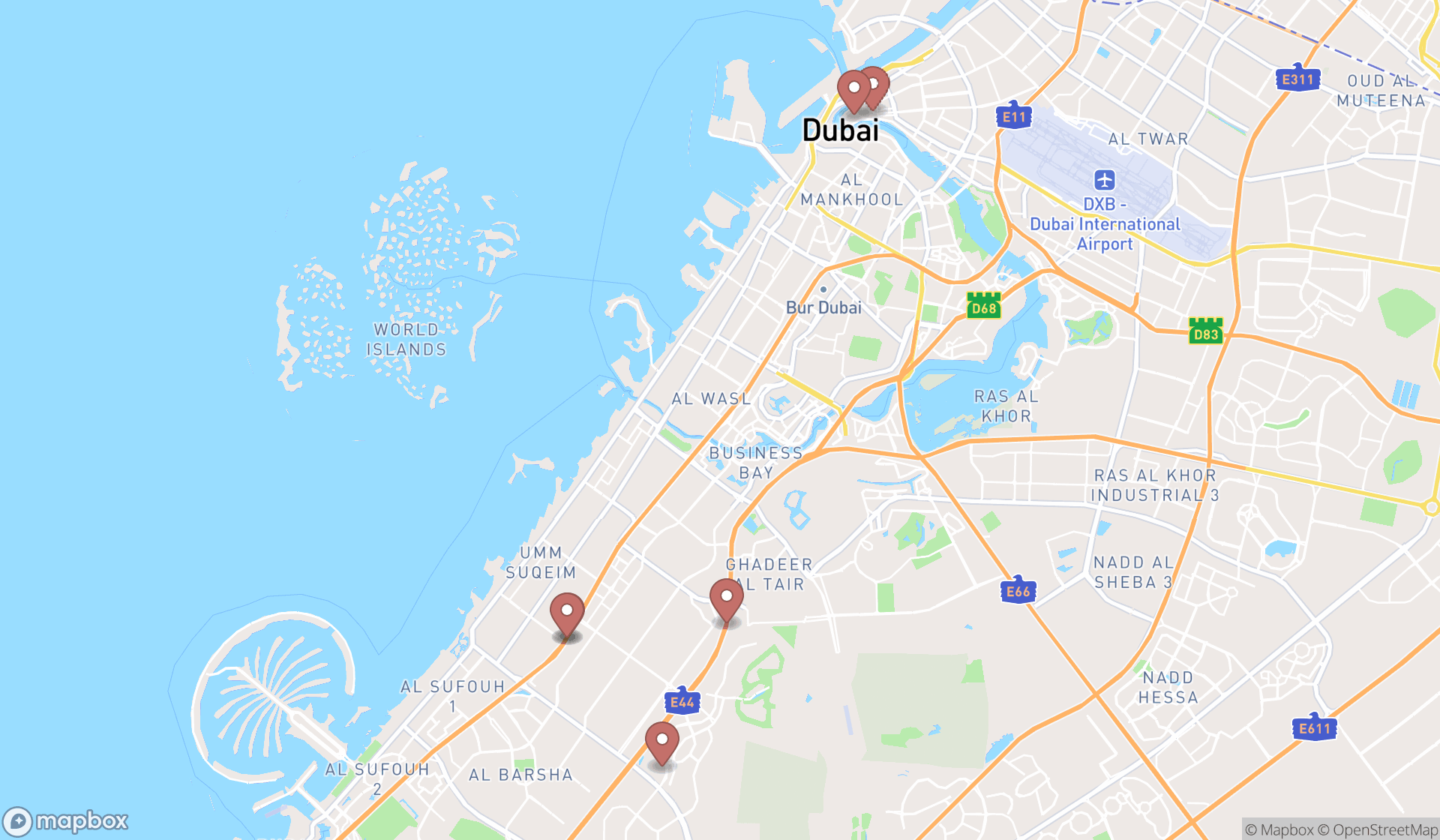 Map showing the search results in Dubai