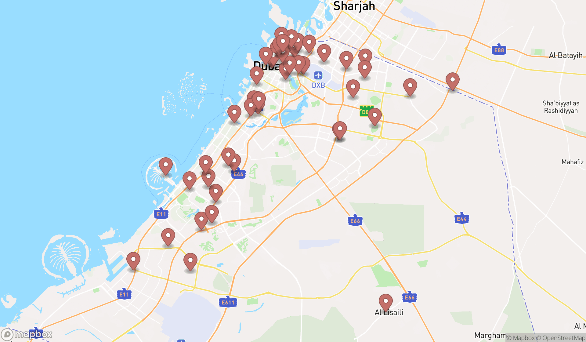 Map showing the search results in Dubai