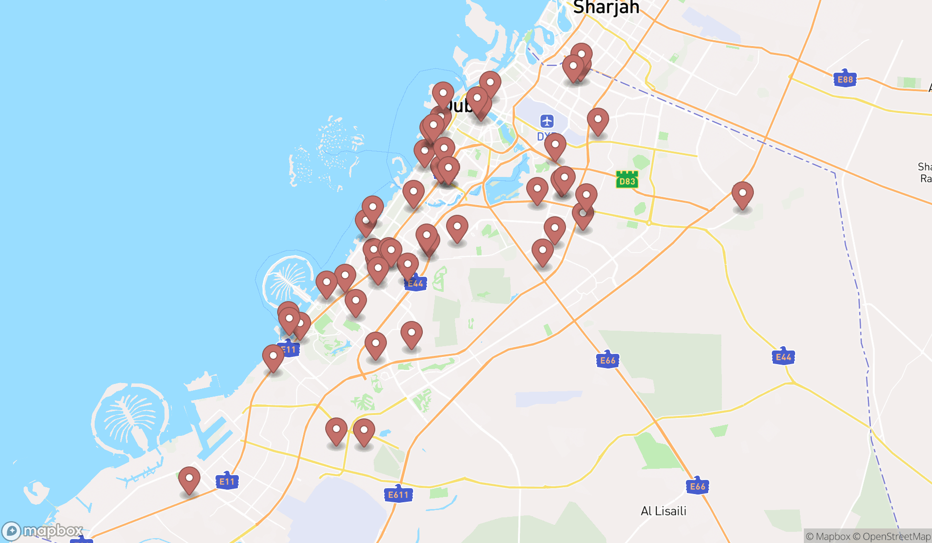 Map showing the search results in Dubai