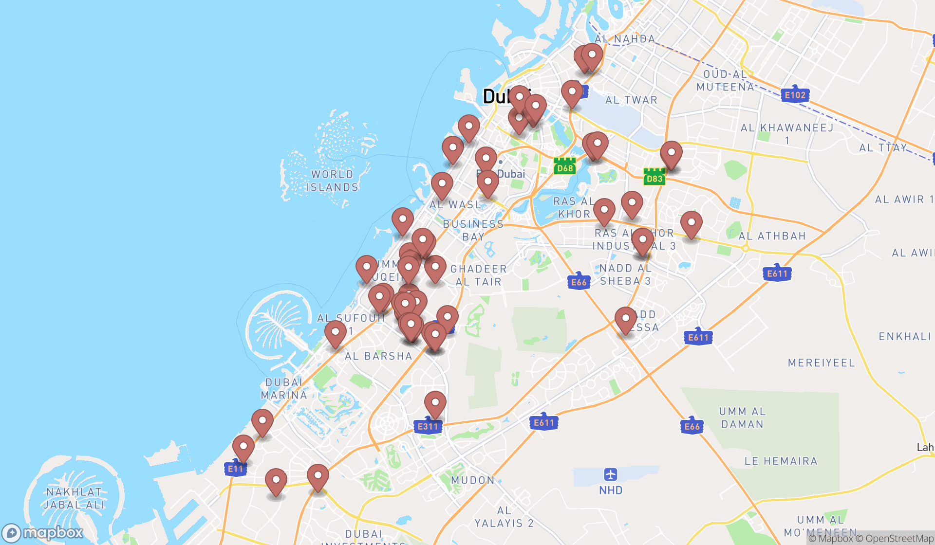 Map showing the search results in Dubai