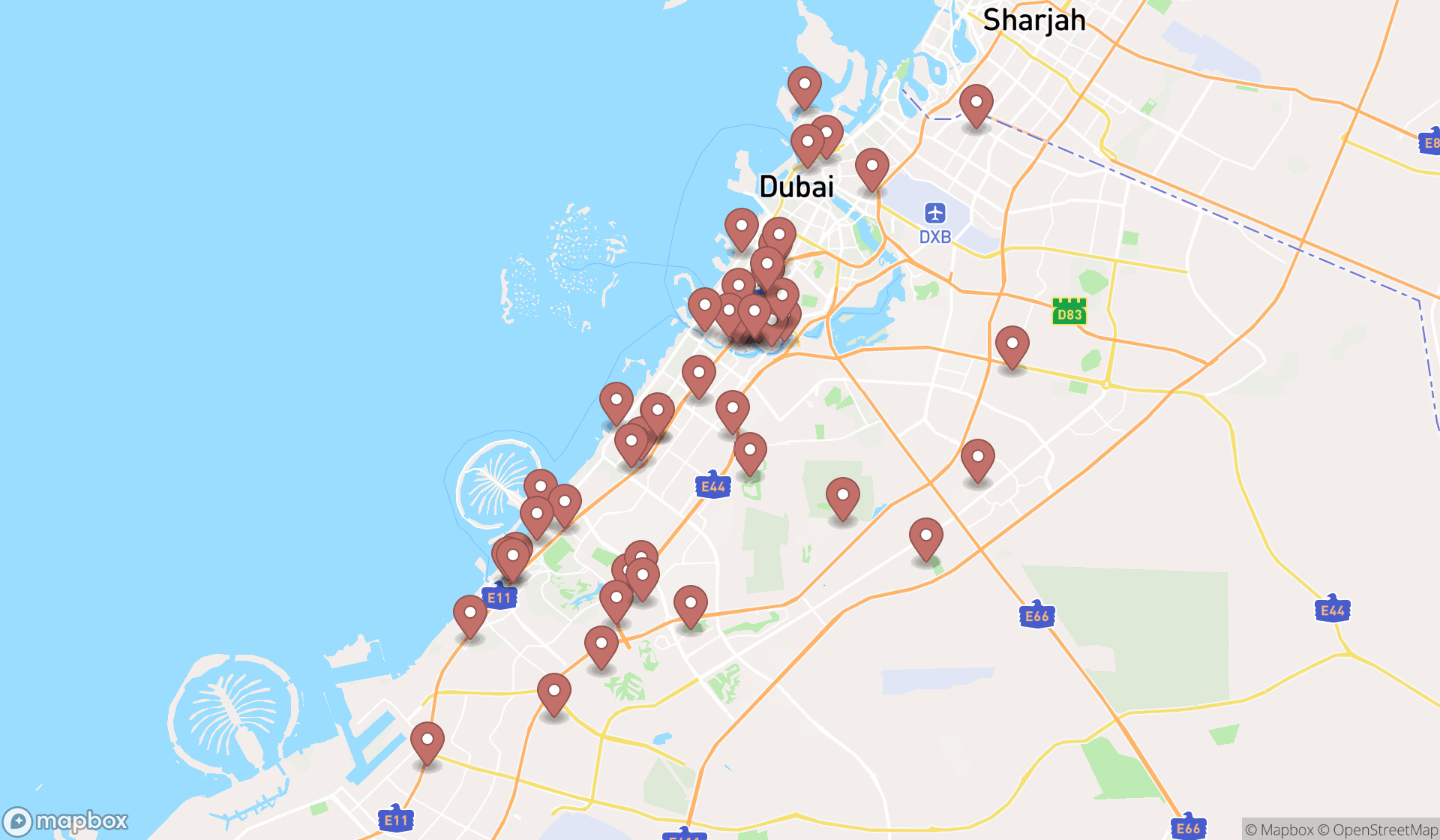 Map showing the search results in Dubai