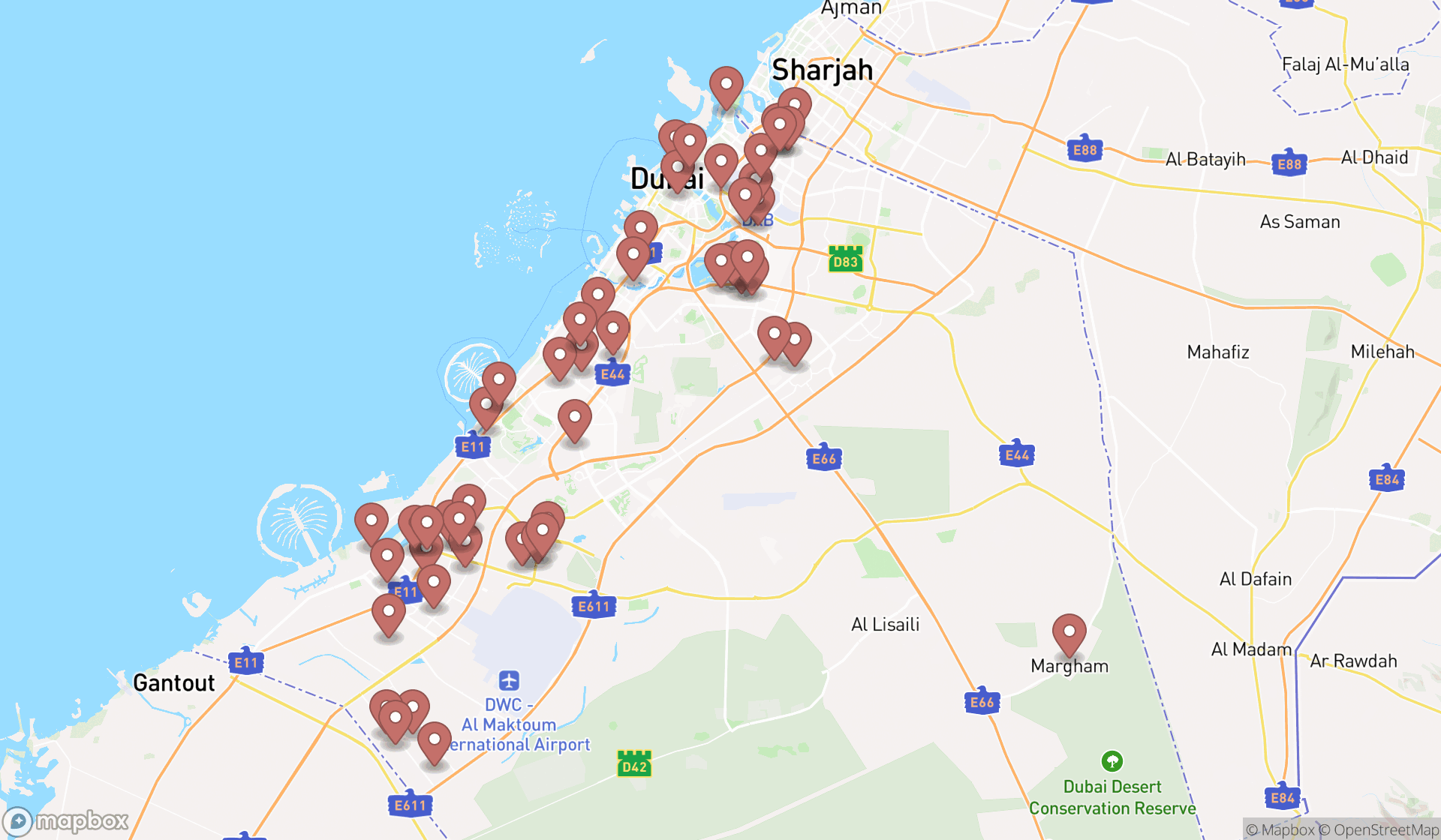 Map showing the search results in Dubai