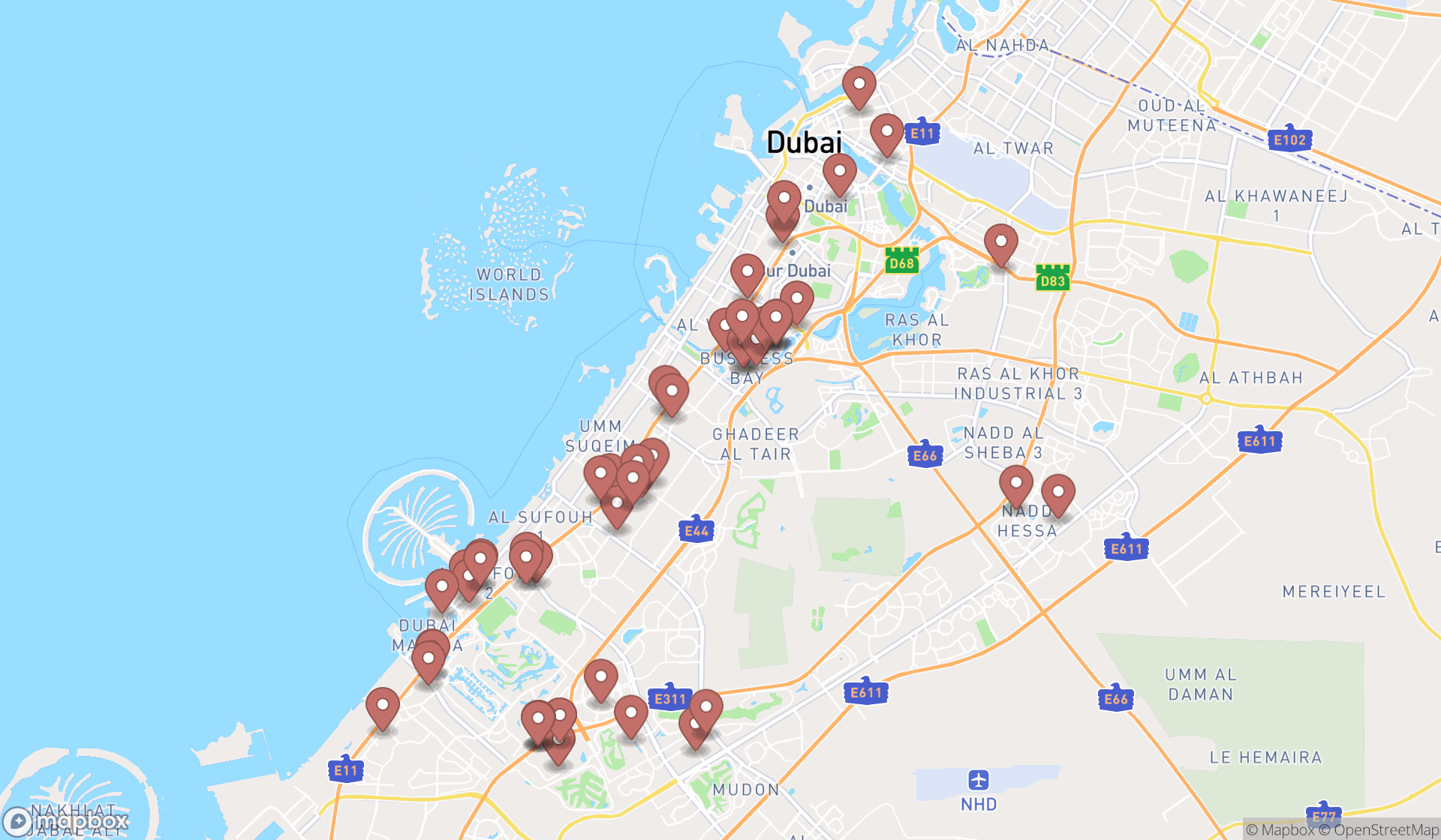 Map showing the search results in Dubai