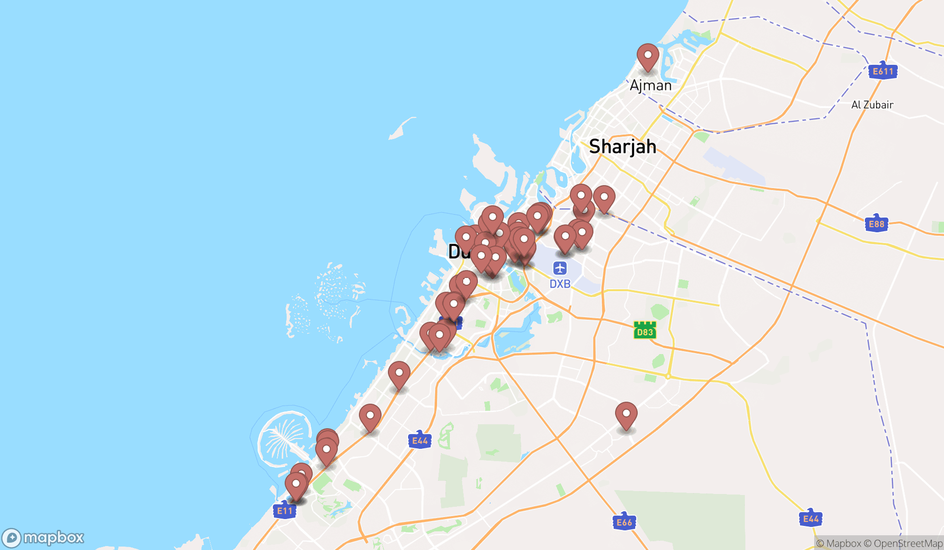 Map showing the search results in Dubai