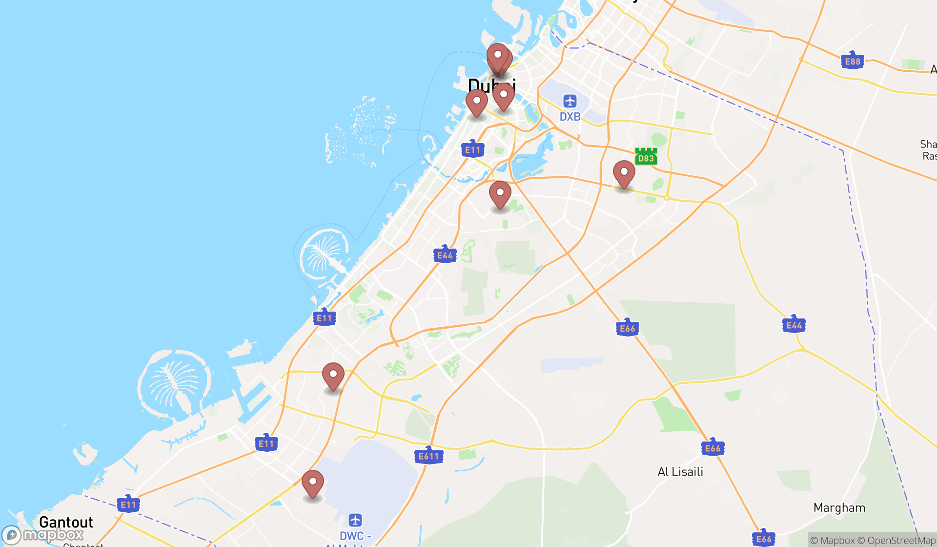 Map showing the search results in Dubai