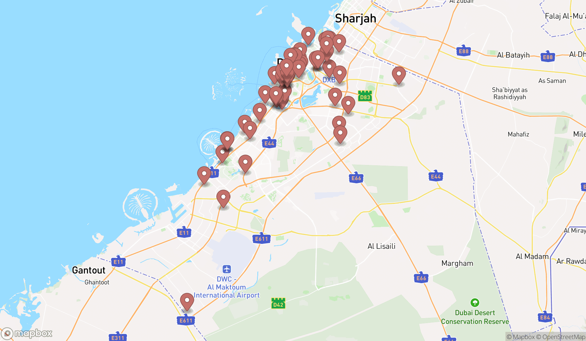 Map showing the search results in Dubai