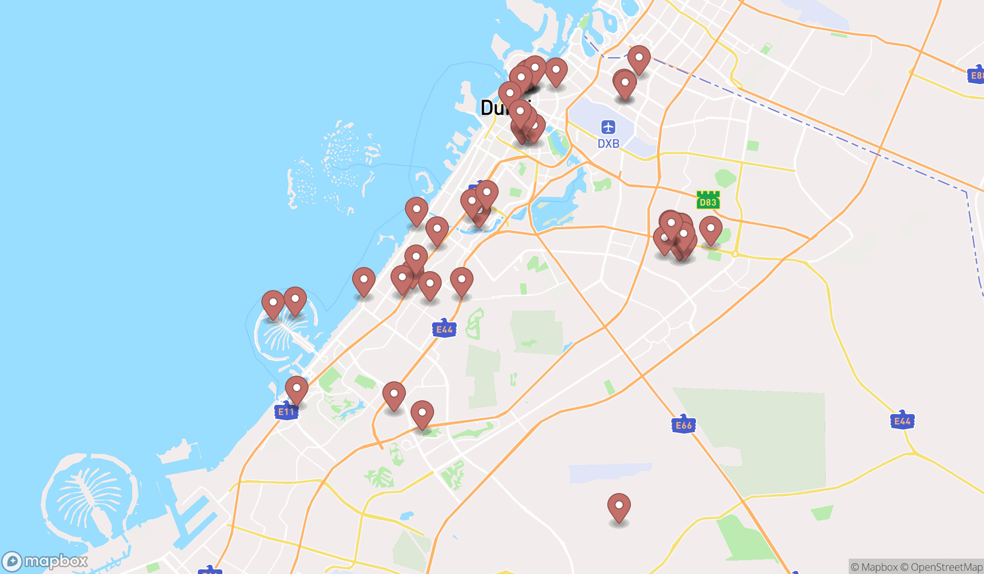 Map showing the search results in Dubai
