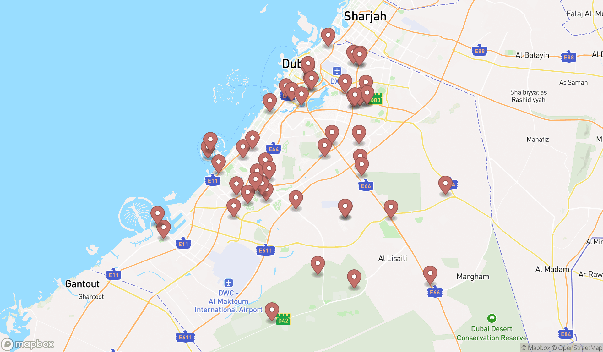 Map showing the search results in Dubai