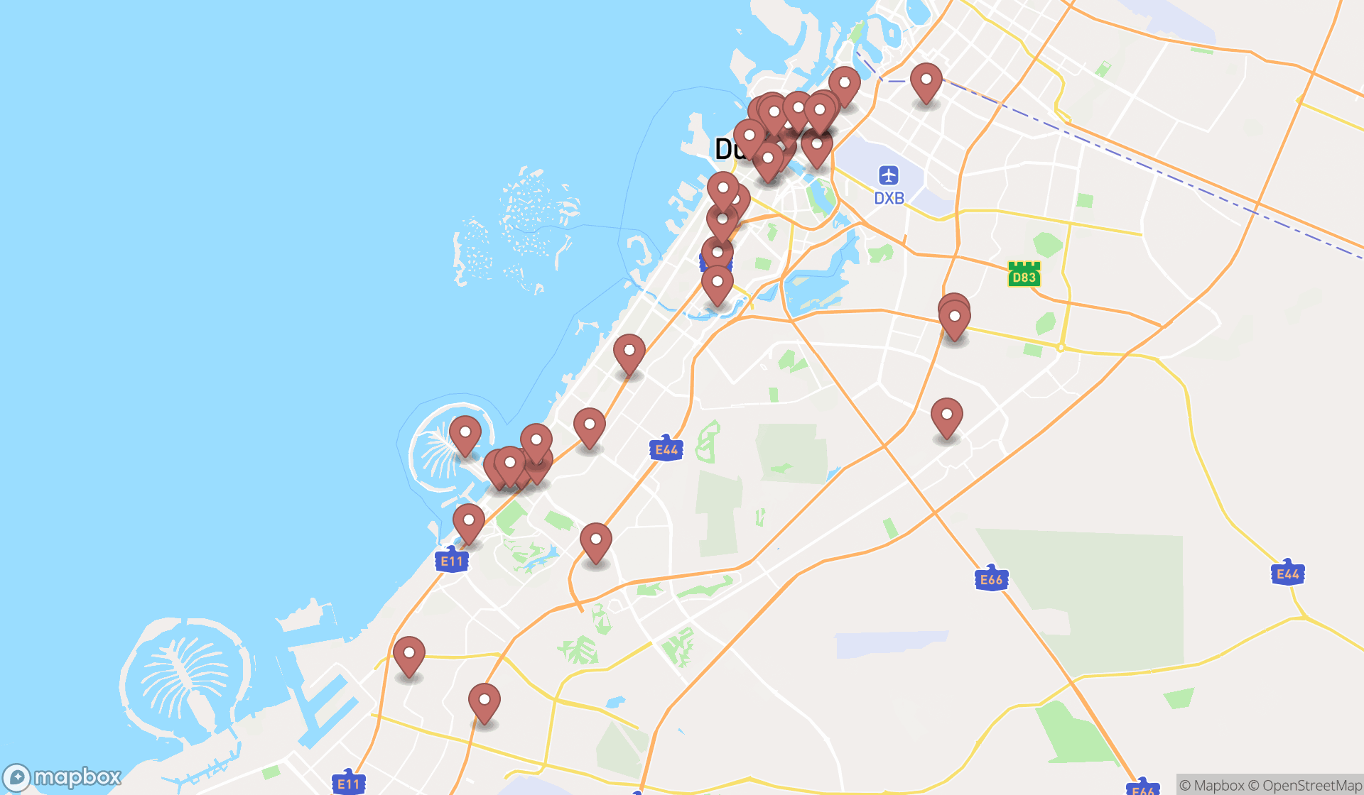 Map showing the search results in Dubai
