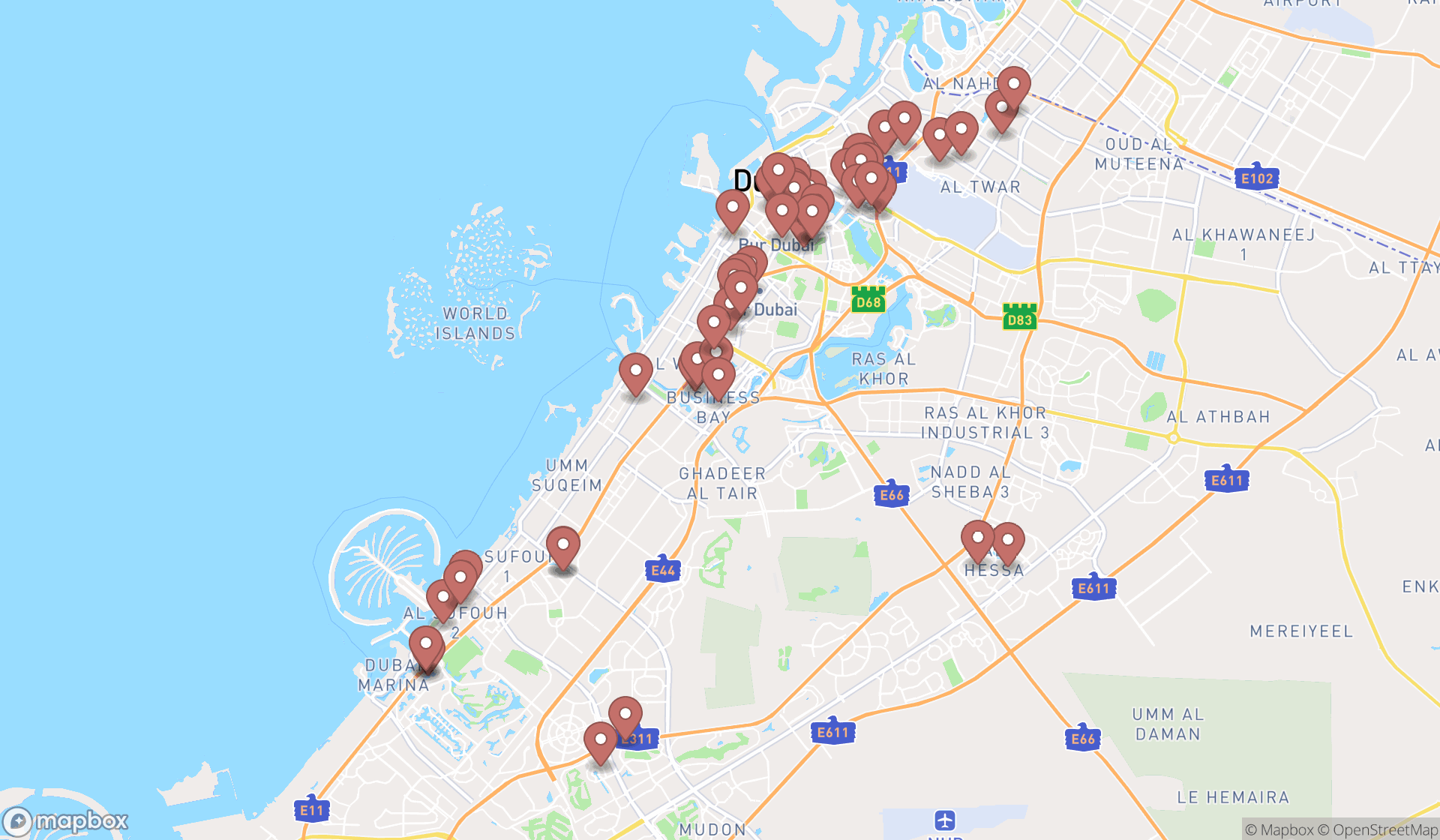 Map showing the search results in Dubai