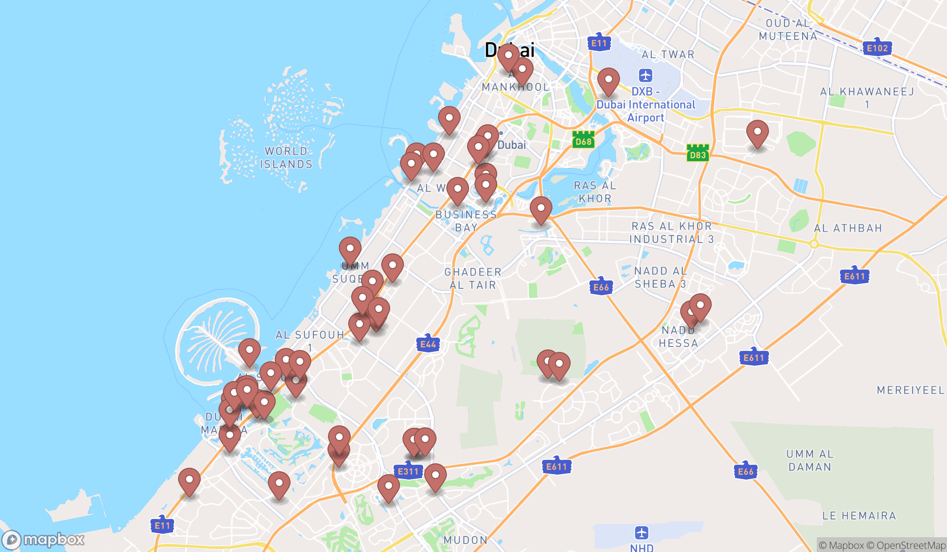 Map showing the search results in Dubai