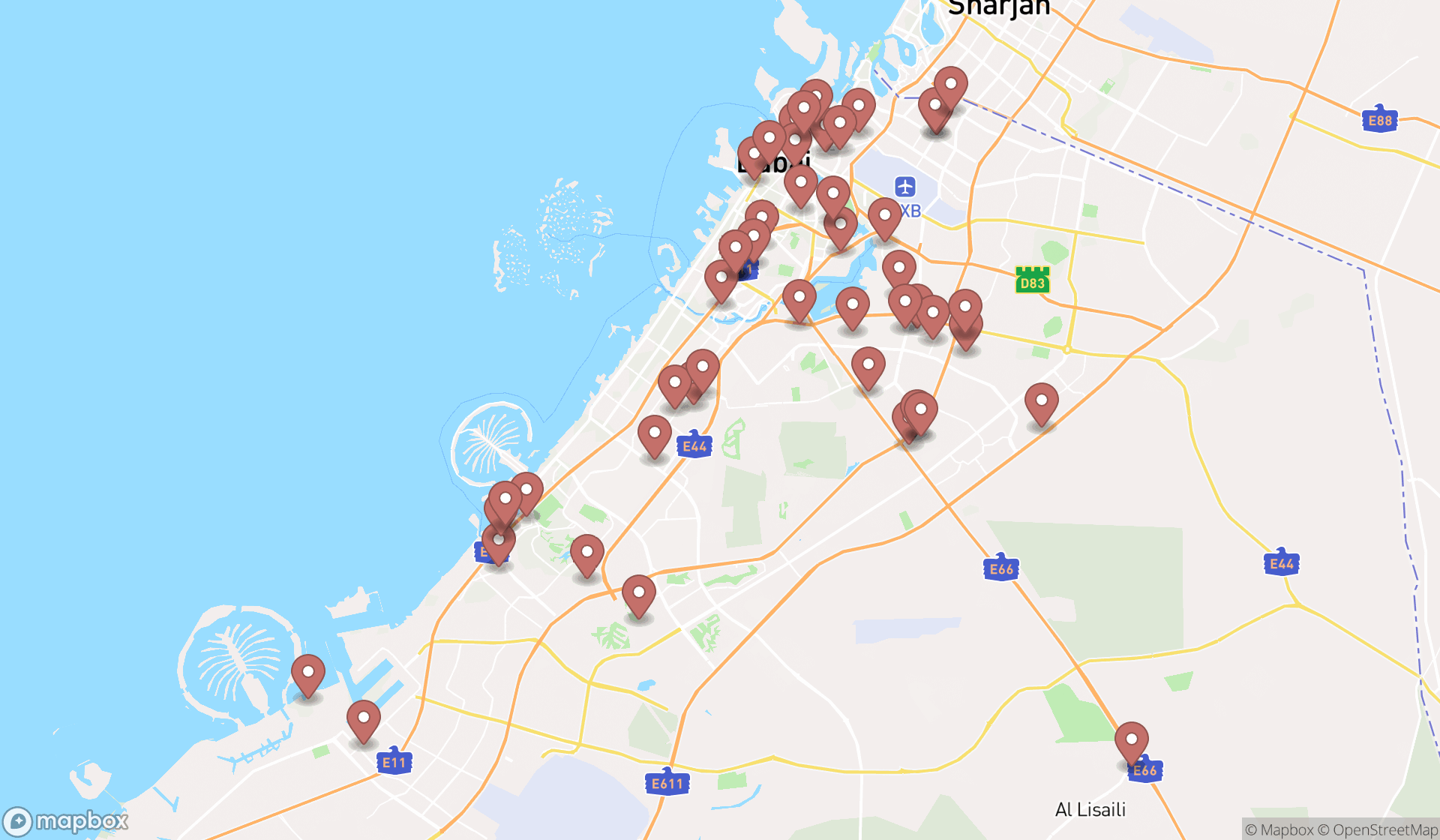 Map showing the search results in Dubai
