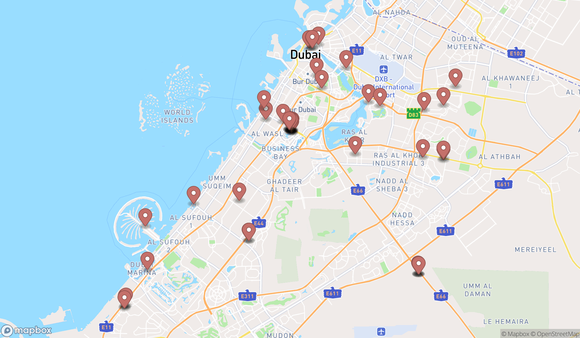 Map showing the search results in Dubai