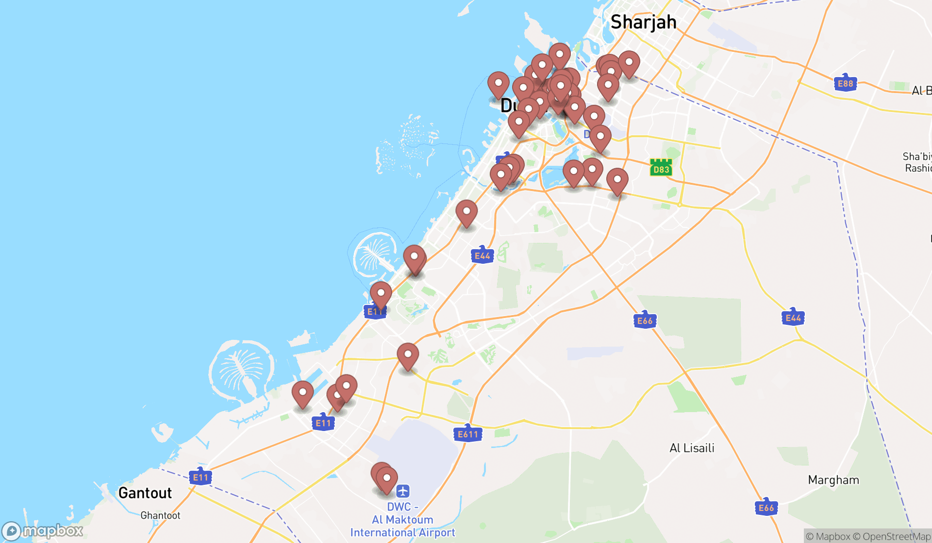 Map showing the search results in Dubai