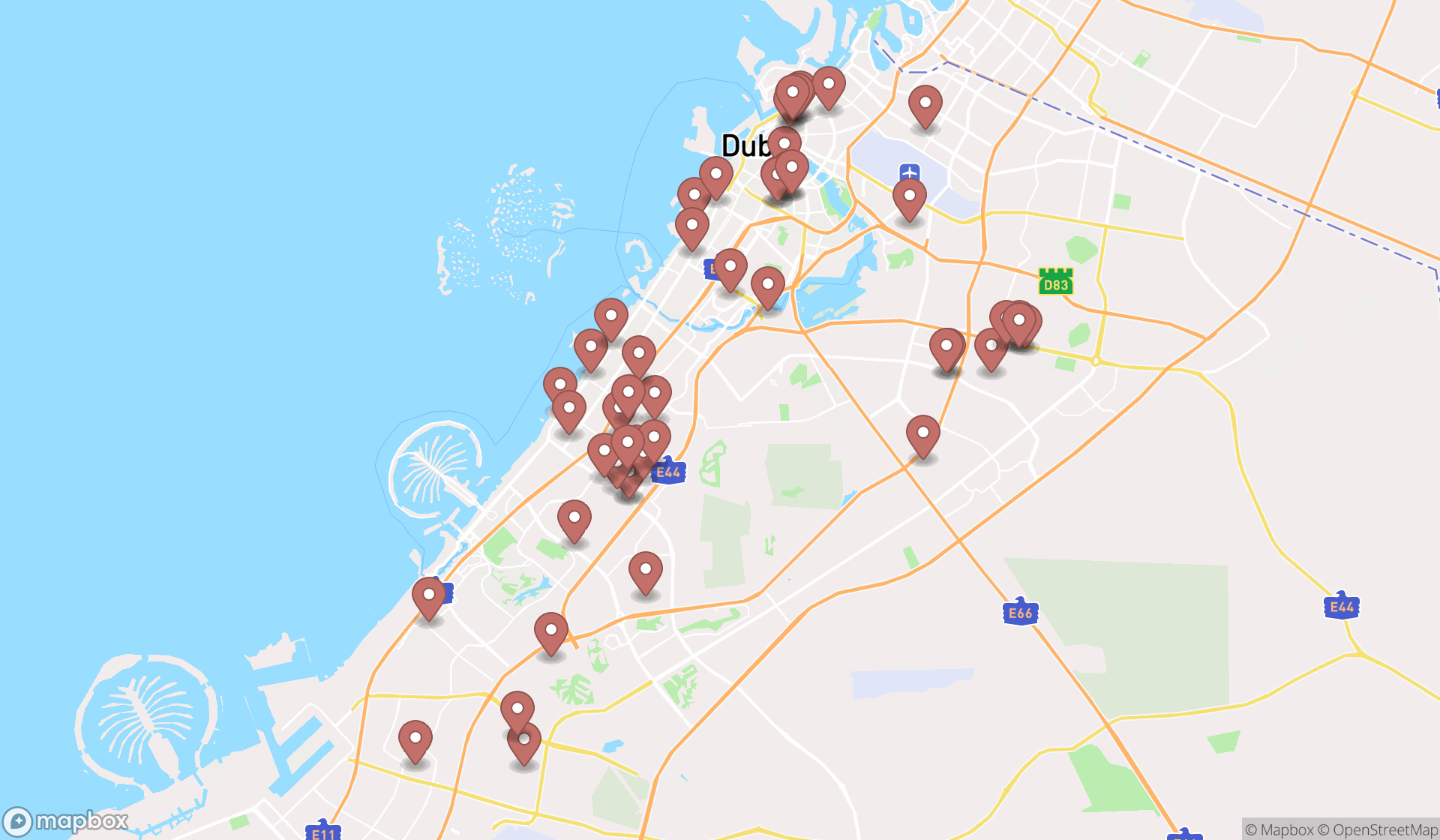 Map showing the search results in Dubai