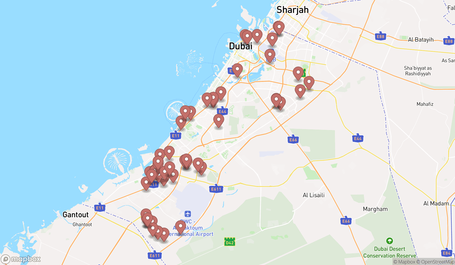 Map showing the search results in Dubai