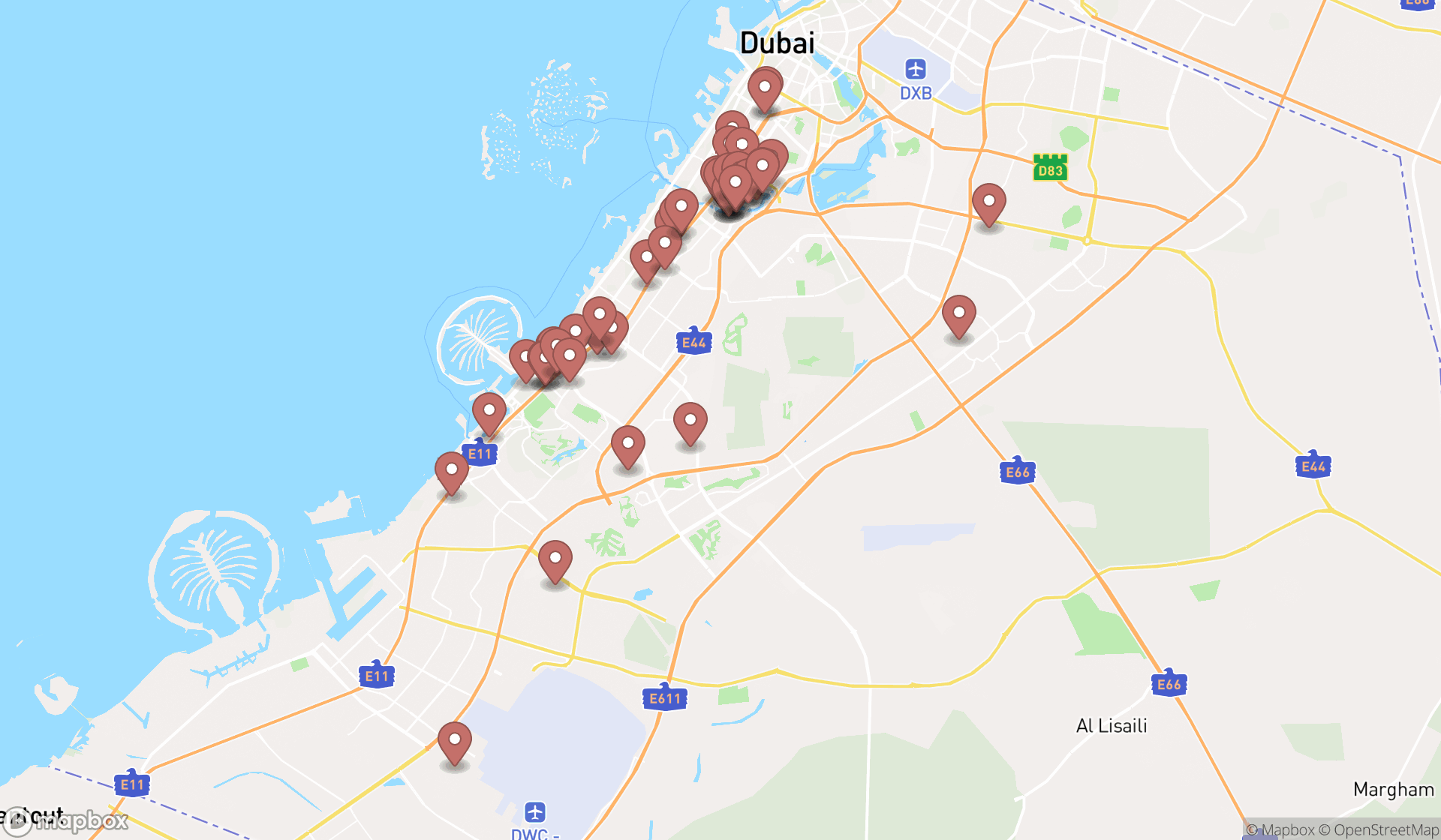 Map showing the search results in Dubai