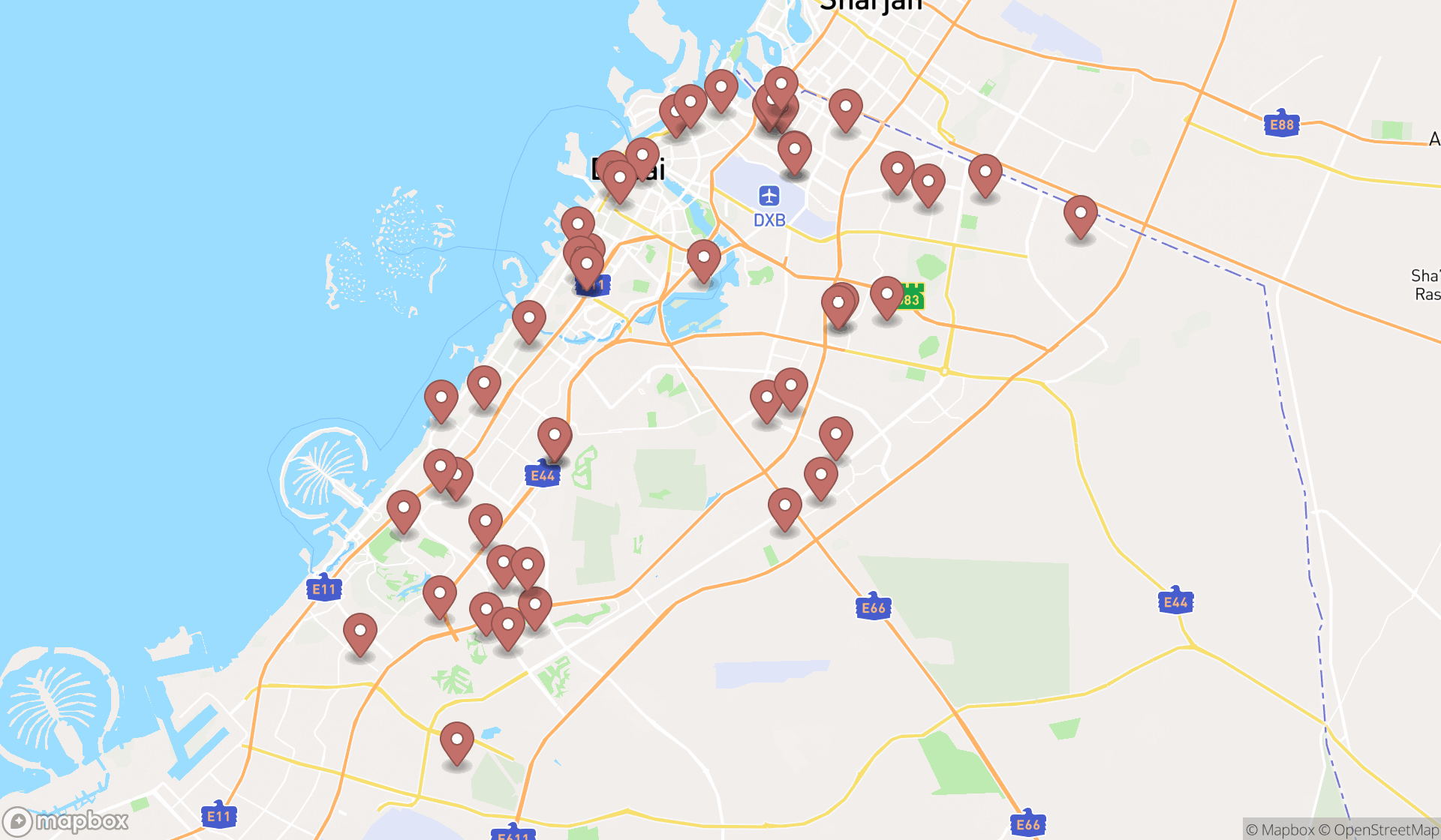 Map showing the search results in Dubai