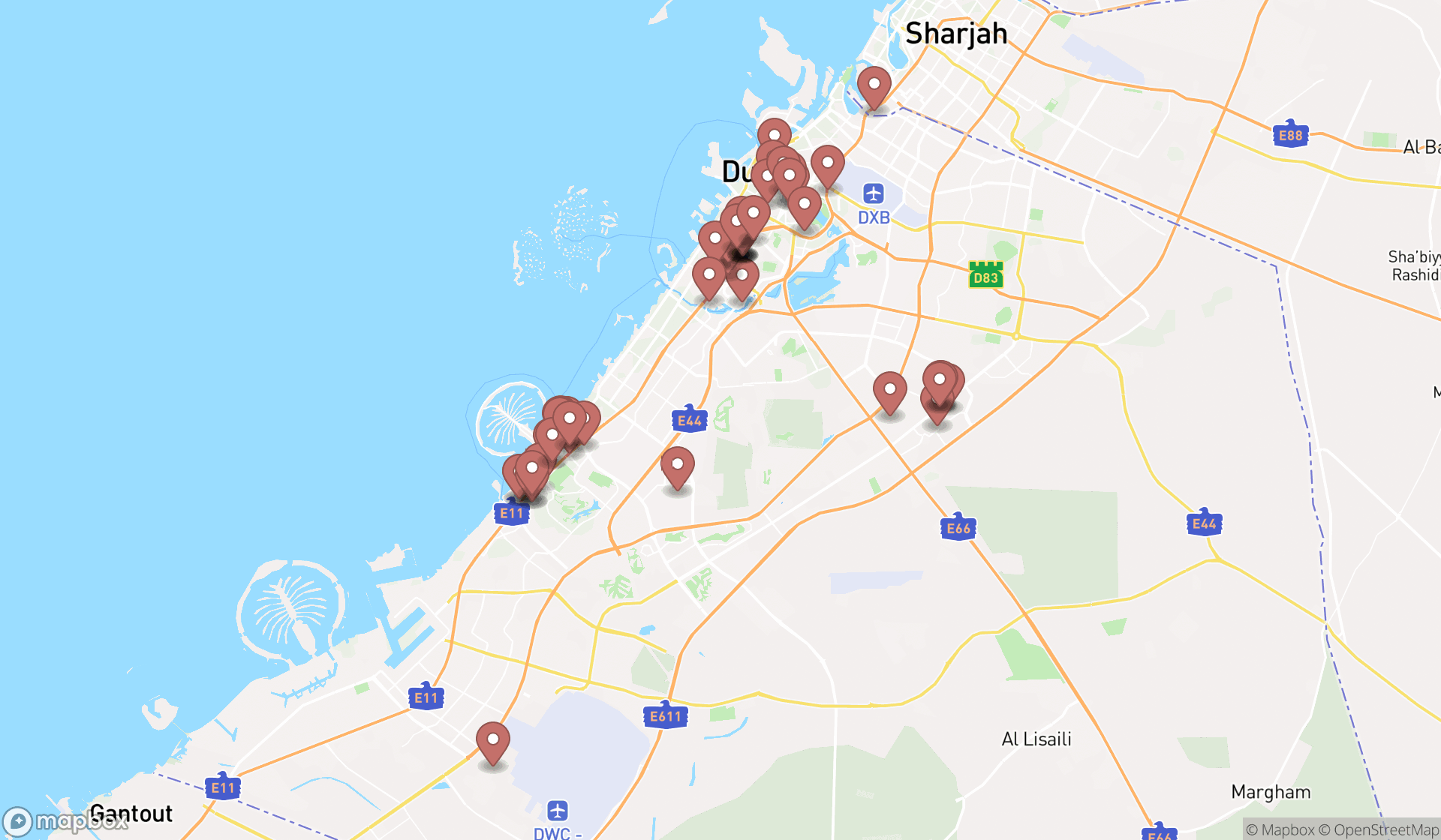 Map showing the search results in Dubai
