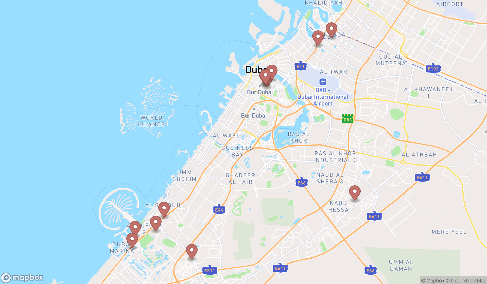 Map showing the search results in Dubai