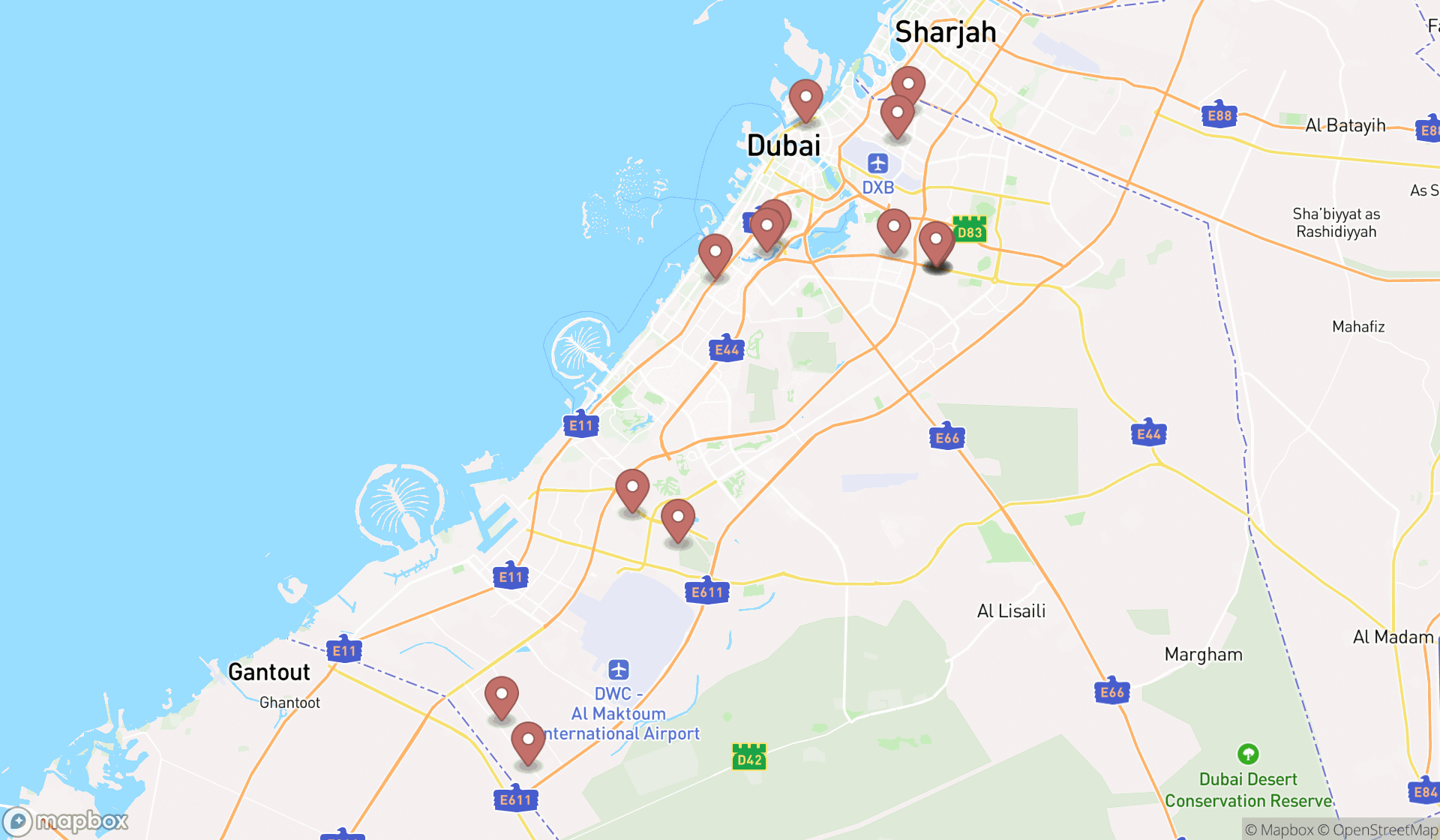 Map showing the search results in Dubai
