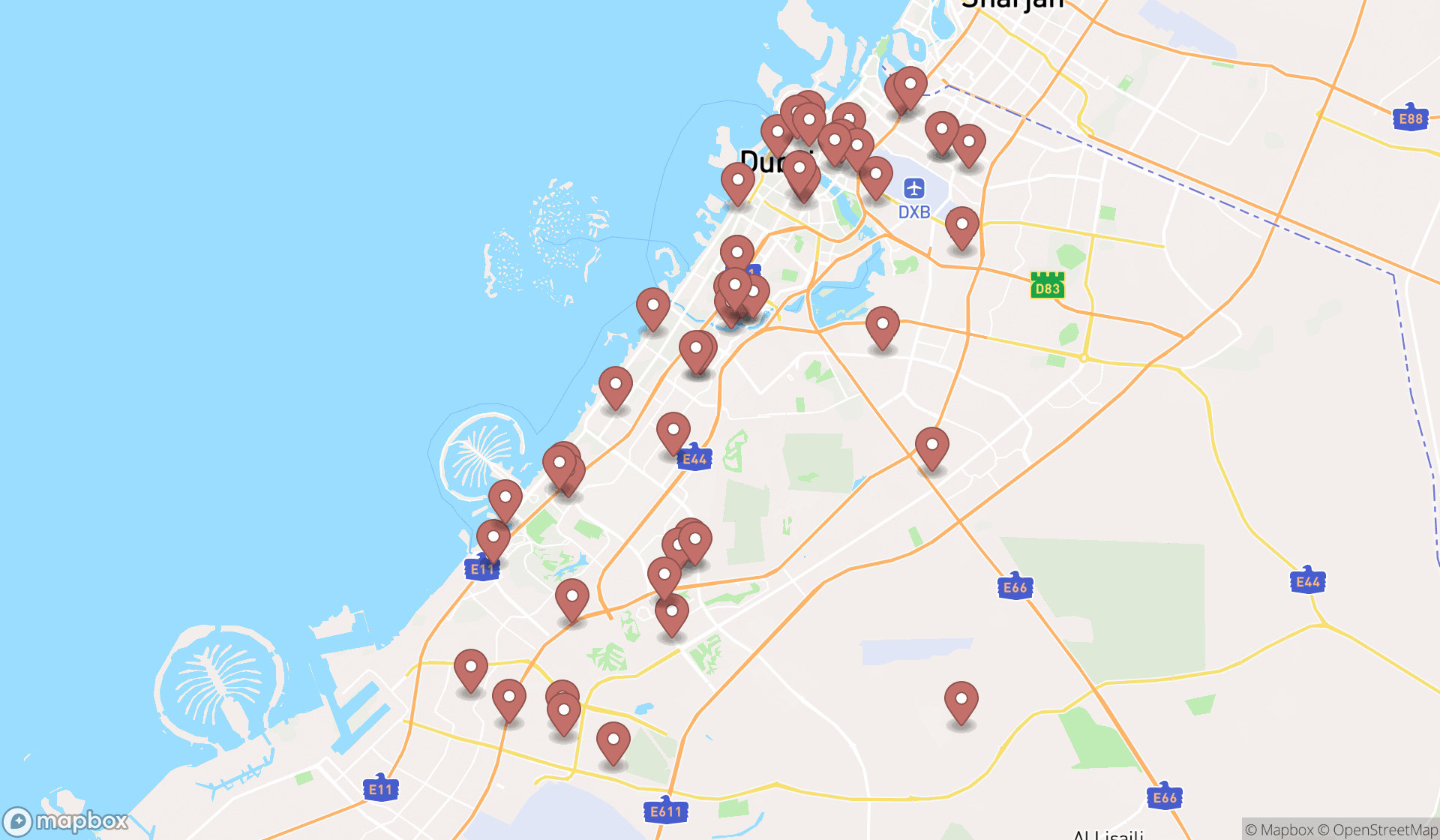 Map showing the search results in Dubai