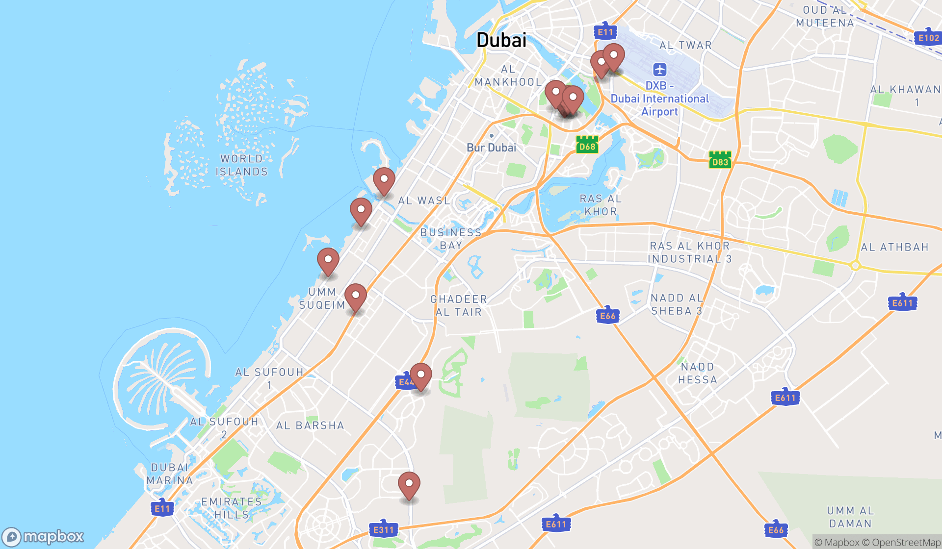 Map showing the search results in Dubai