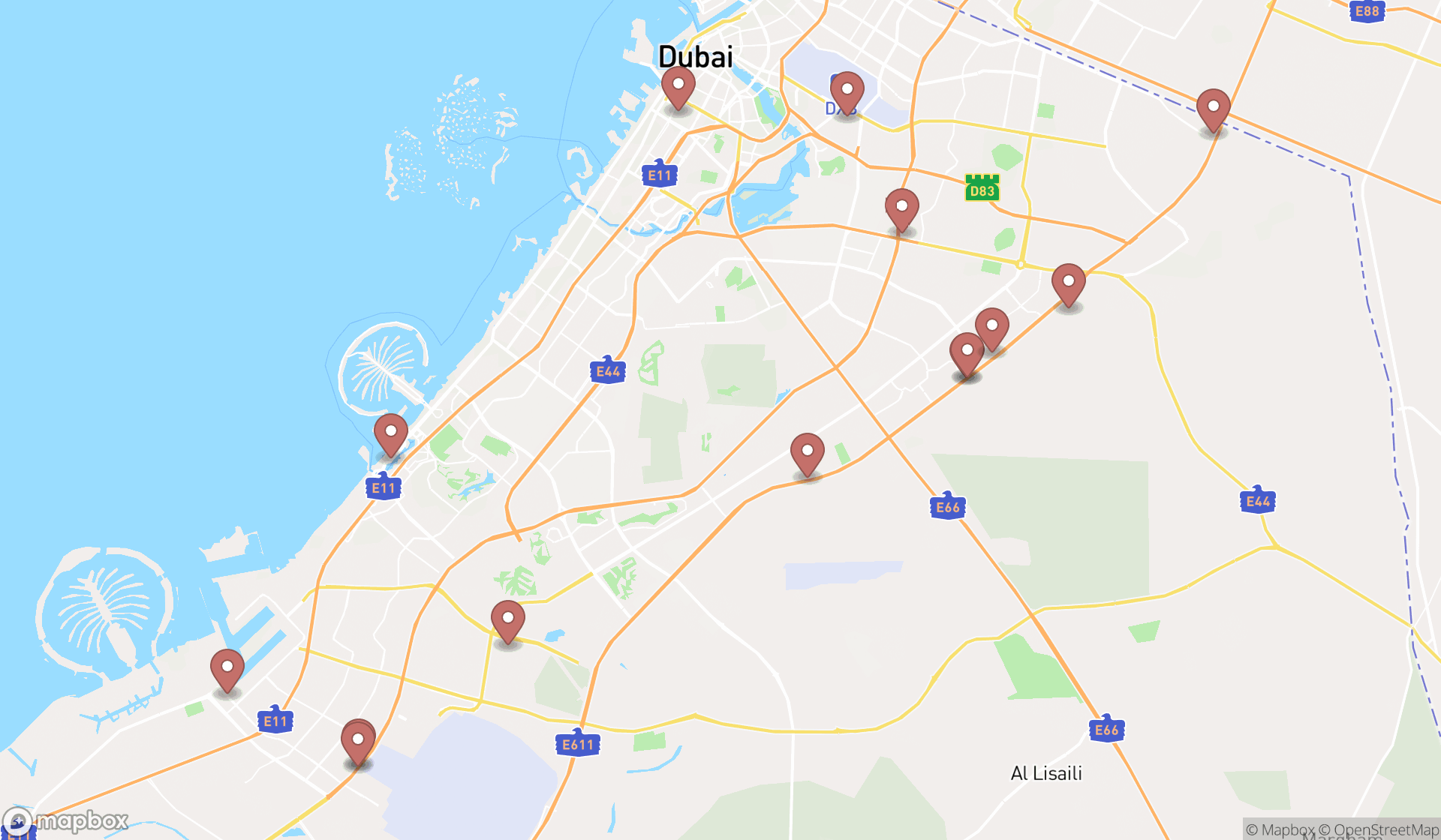 Map showing the search results in Dubai